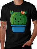 Cute Cactus Cat T-Shirt - Black Cotton Tee
