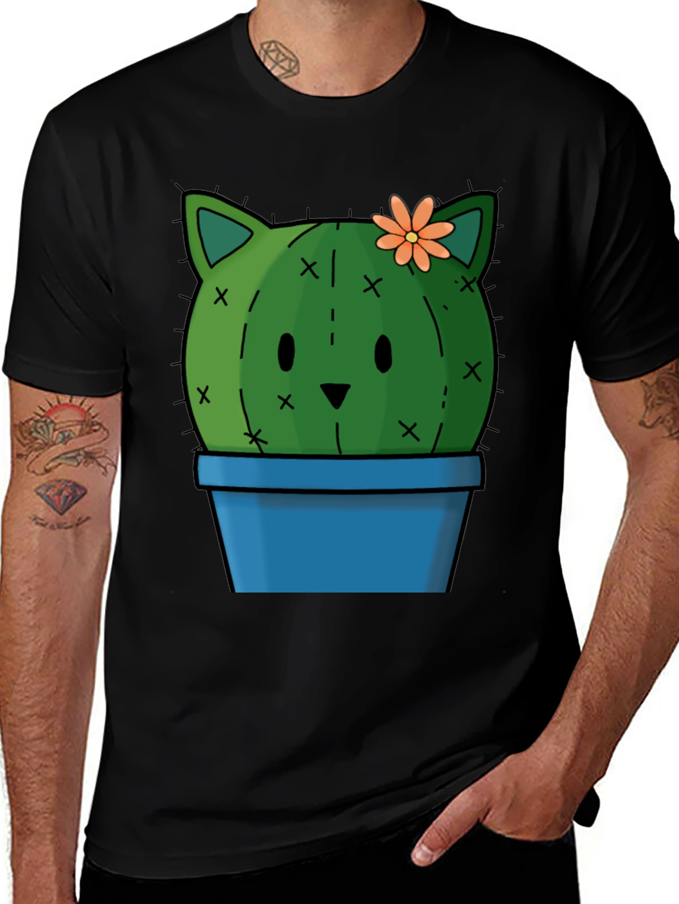 Cute Cactus Cat T-Shirt - Black Cotton Tee