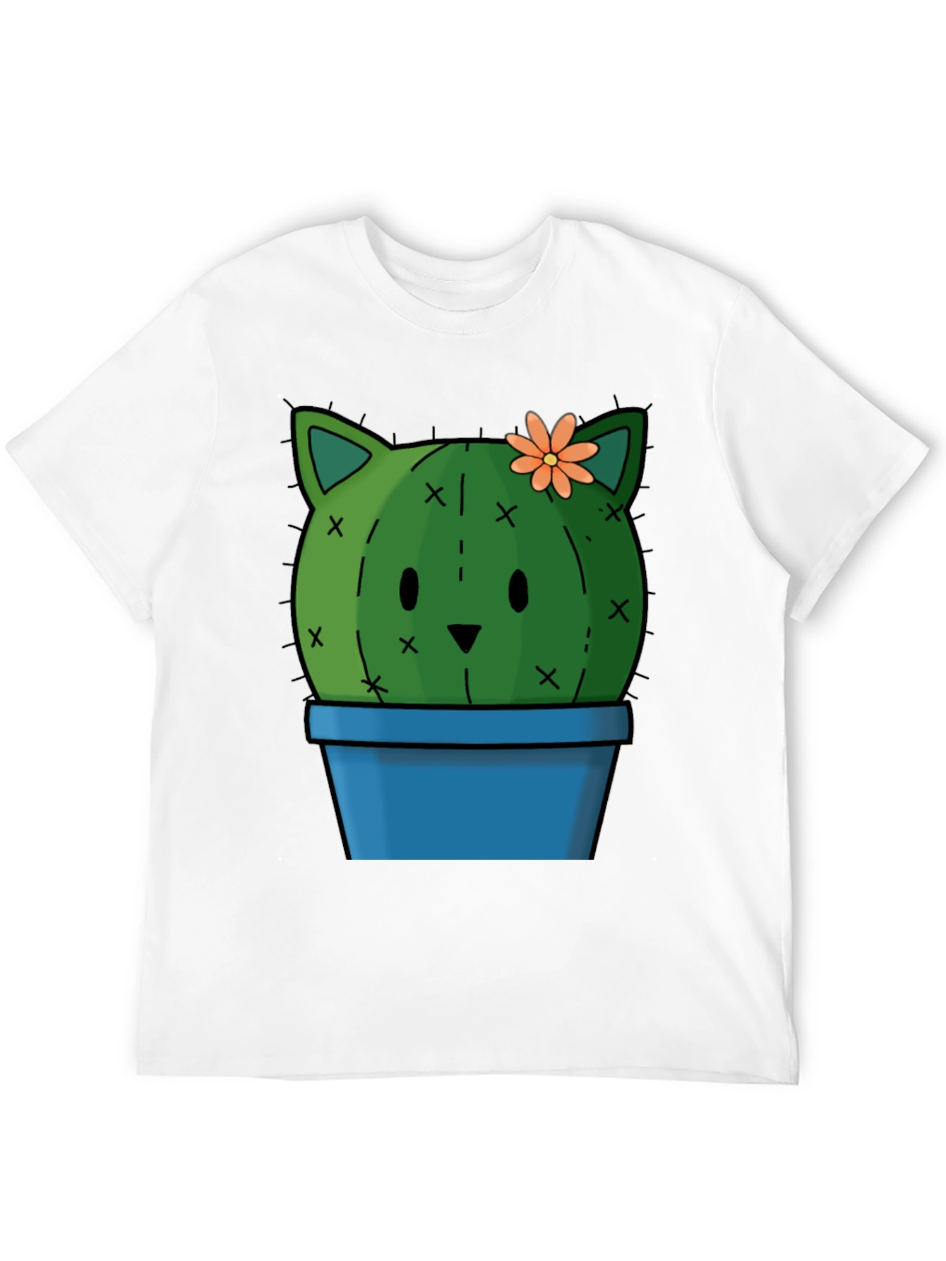 Cute Cactus Cat T-Shirt - Black Cotton Tee