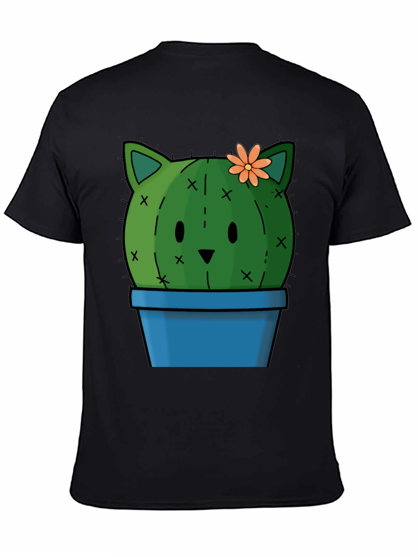 Cute Cactus Cat T-Shirt - Black Cotton Tee