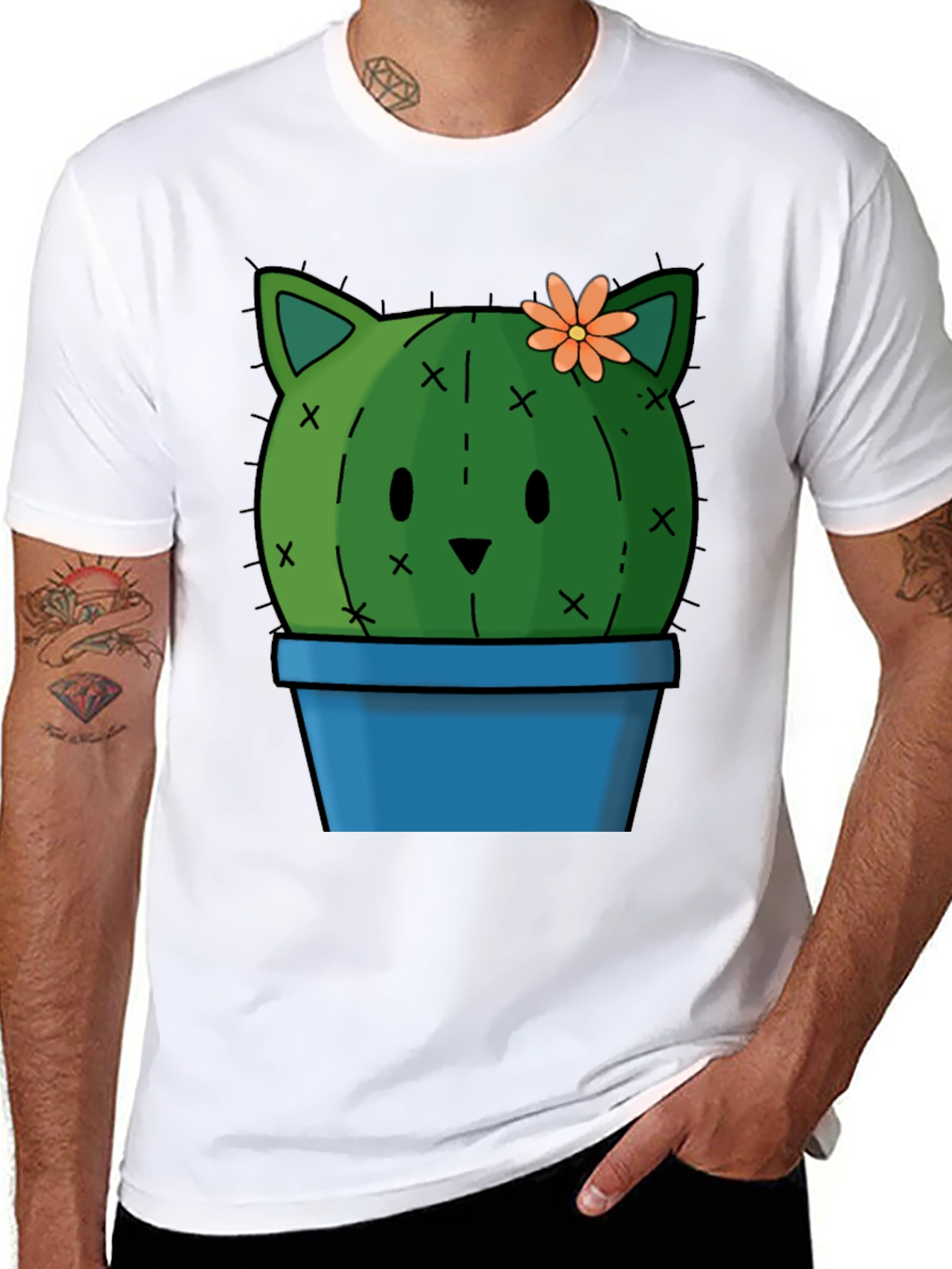 Cute Cactus Cat T-Shirt - Black Cotton Tee