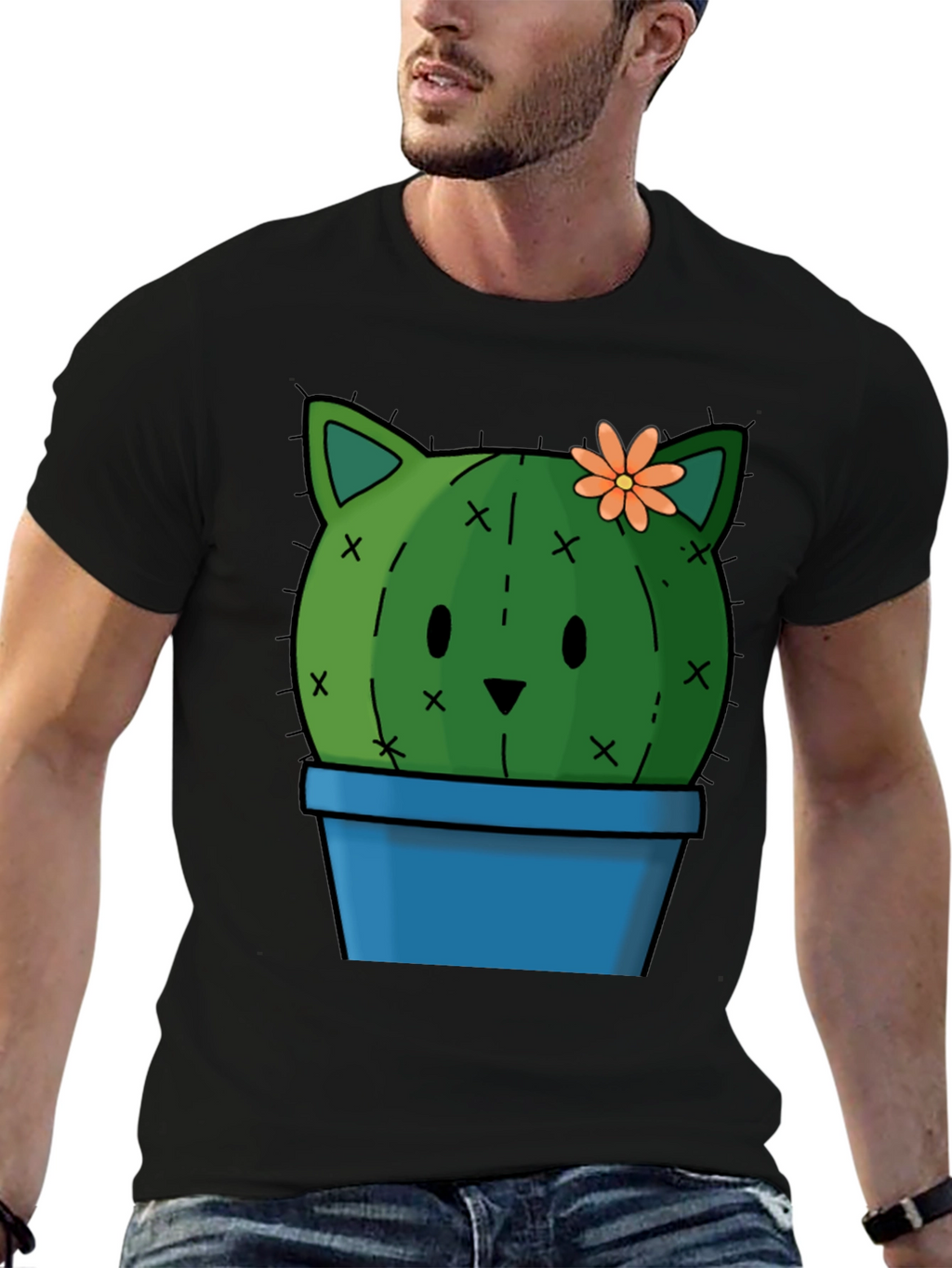 Cute Cactus Cat T-Shirt - Black Cotton Tee