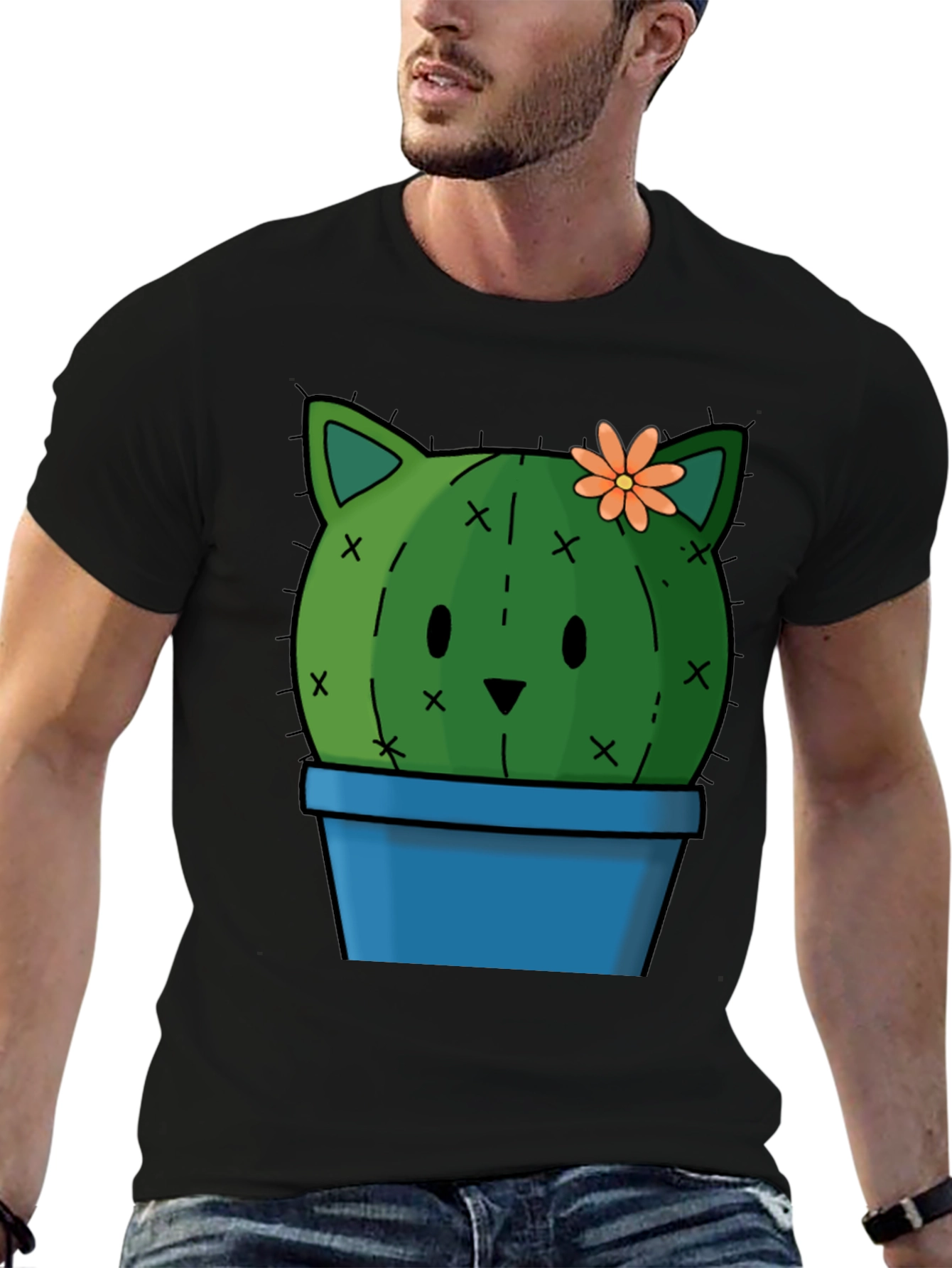 Cute Cactus Cat T-Shirt - Black Cotton Tee