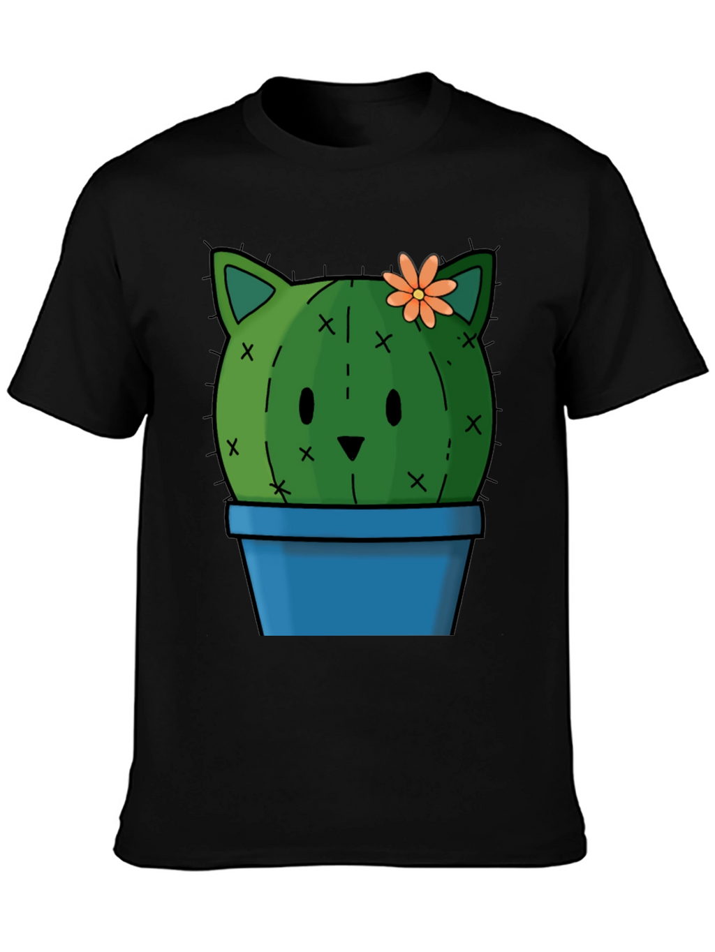 Cute Cactus Cat T-Shirt - Black Cotton Tee