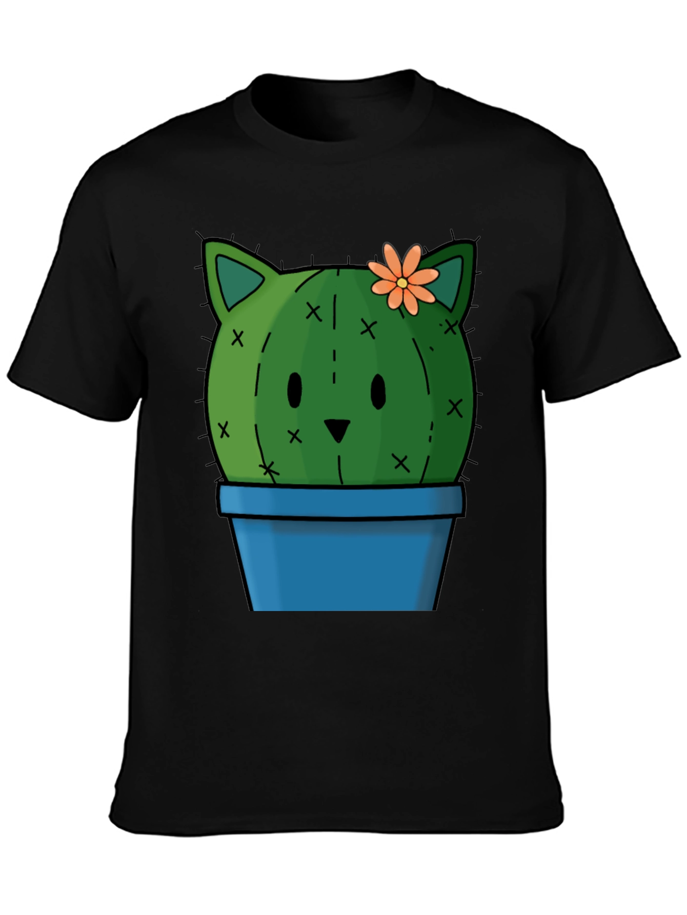 Cute Cactus Cat T-Shirt - Black Cotton Tee