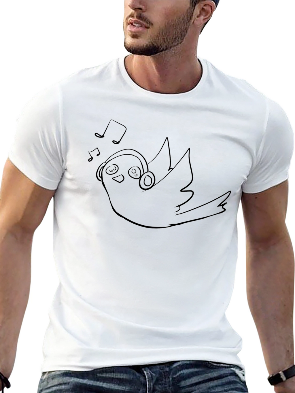 Bird with Headphones Black T-Shirt