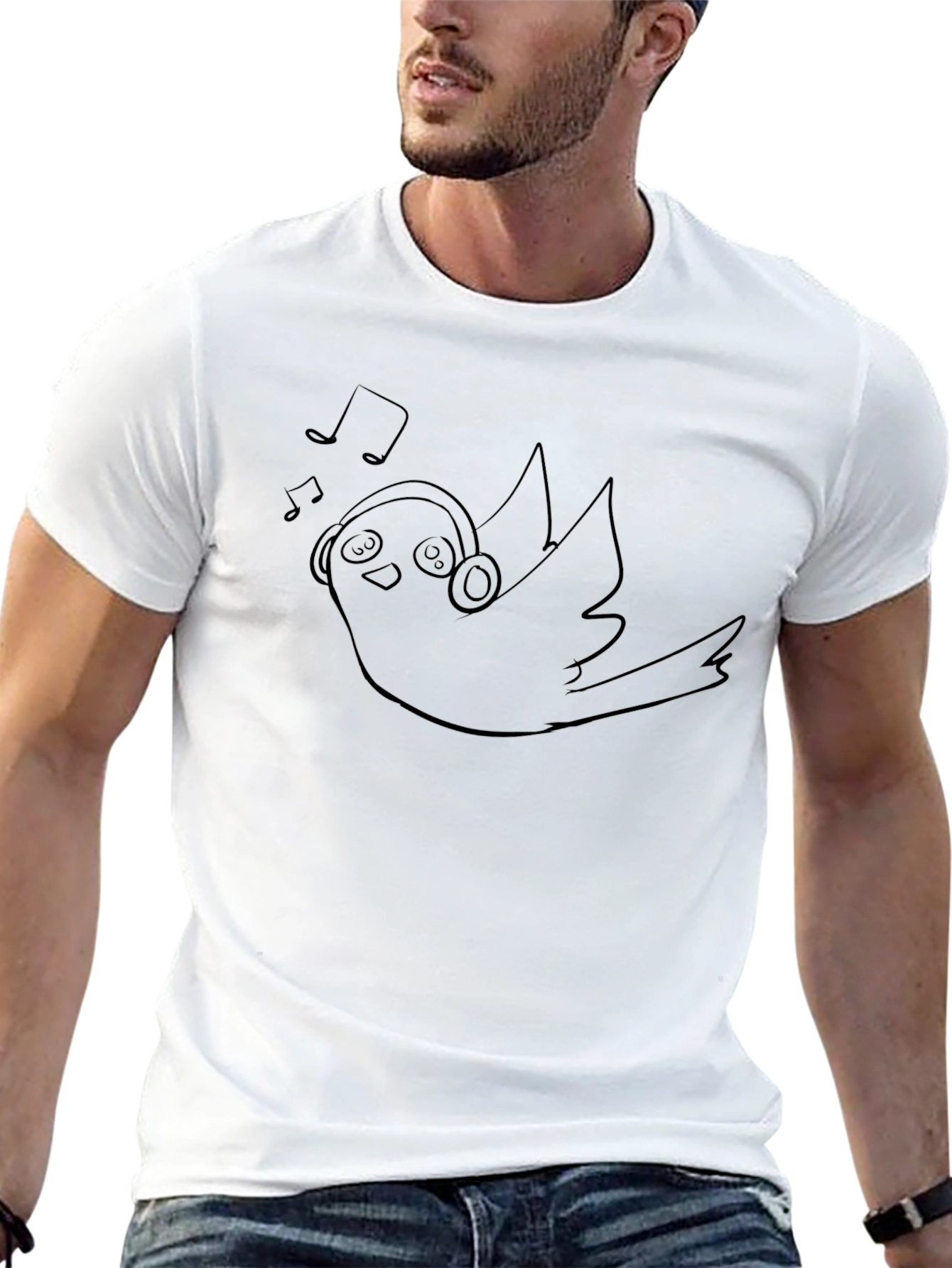 Bird with Headphones Black T-Shirt