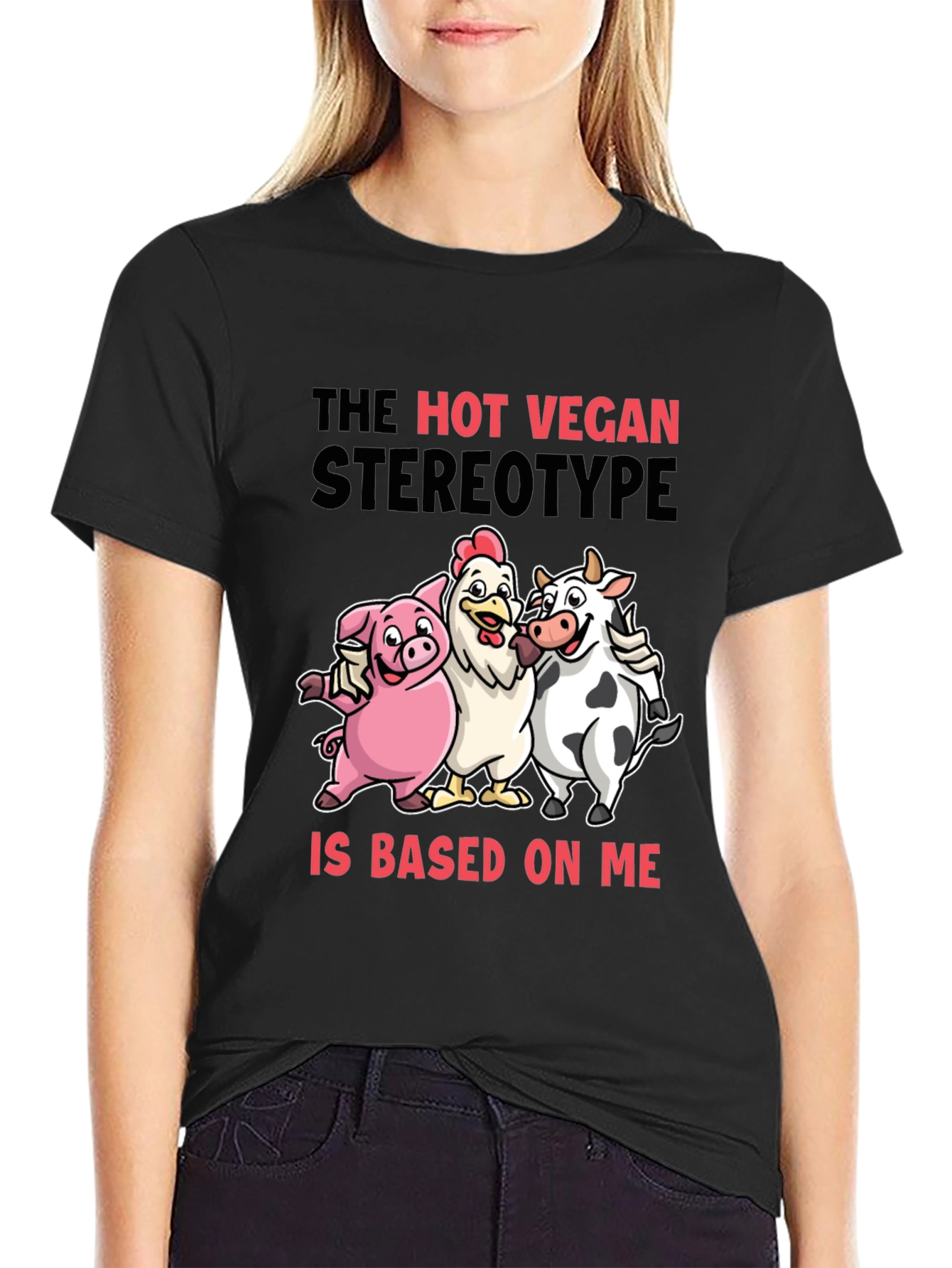 Hot Vegan Stereotype T-Shirt: Pig Chicken Cow Design