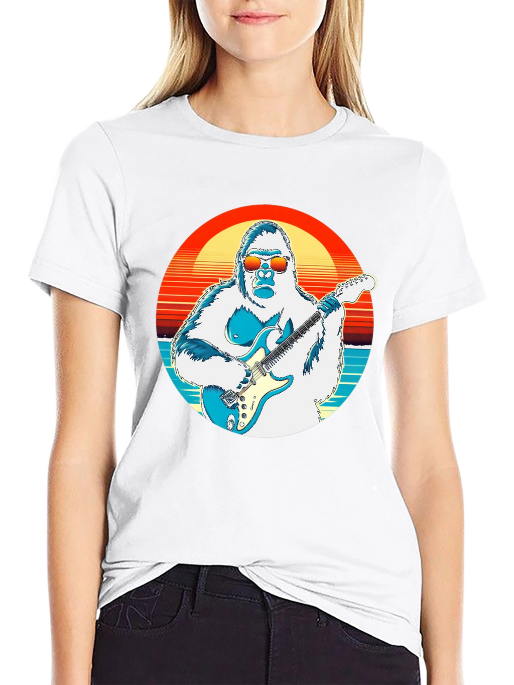 Cool Gorilla Guitarist Retro Sunset T-Shirt