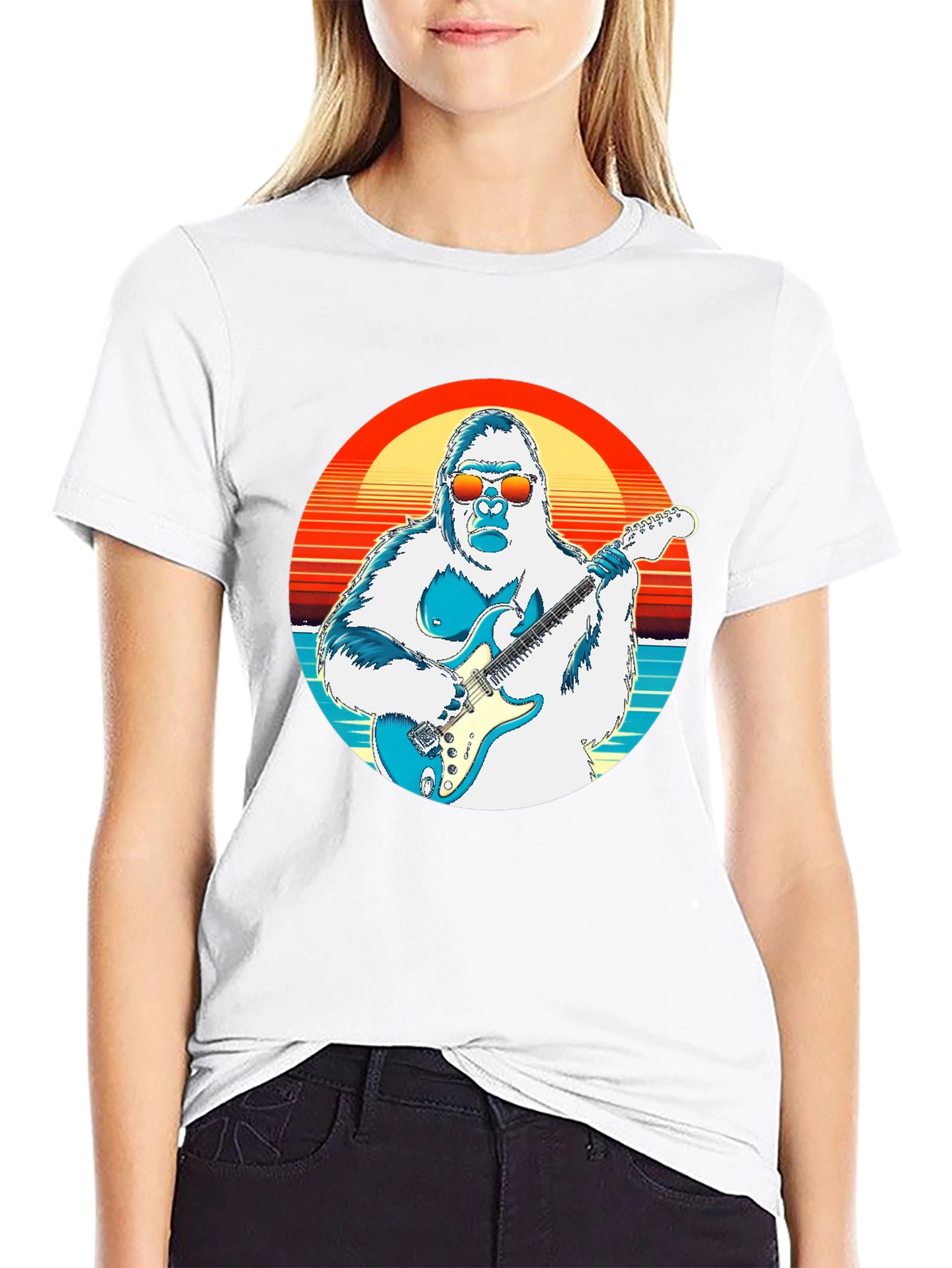 Cool Gorilla Guitarist Retro Sunset T-Shirt