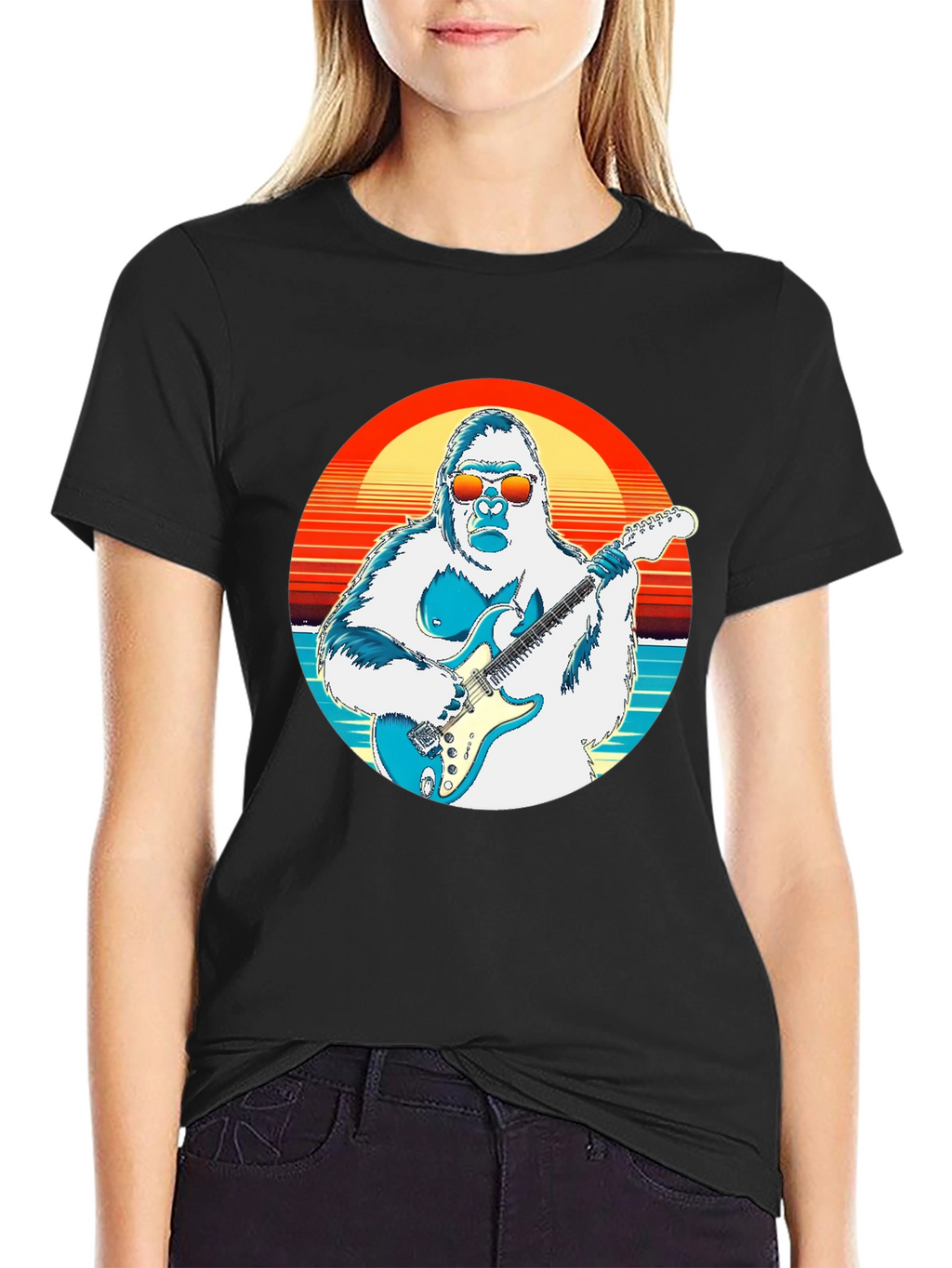 Cool Gorilla Guitarist Retro Sunset T-Shirt