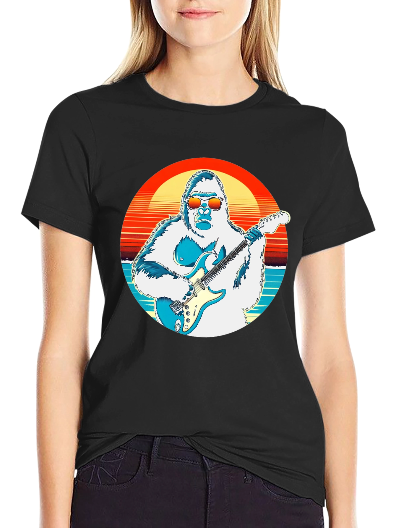 Cool Gorilla Guitarist Retro Sunset T-Shirt