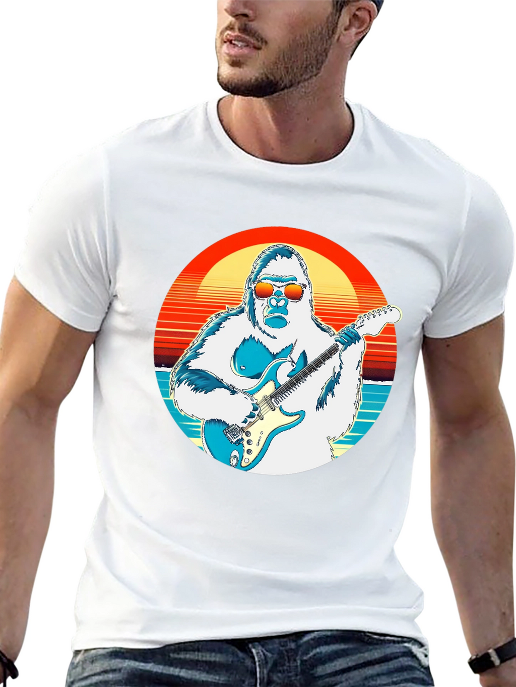 Cool Gorilla Guitarist Retro Sunset T-Shirt