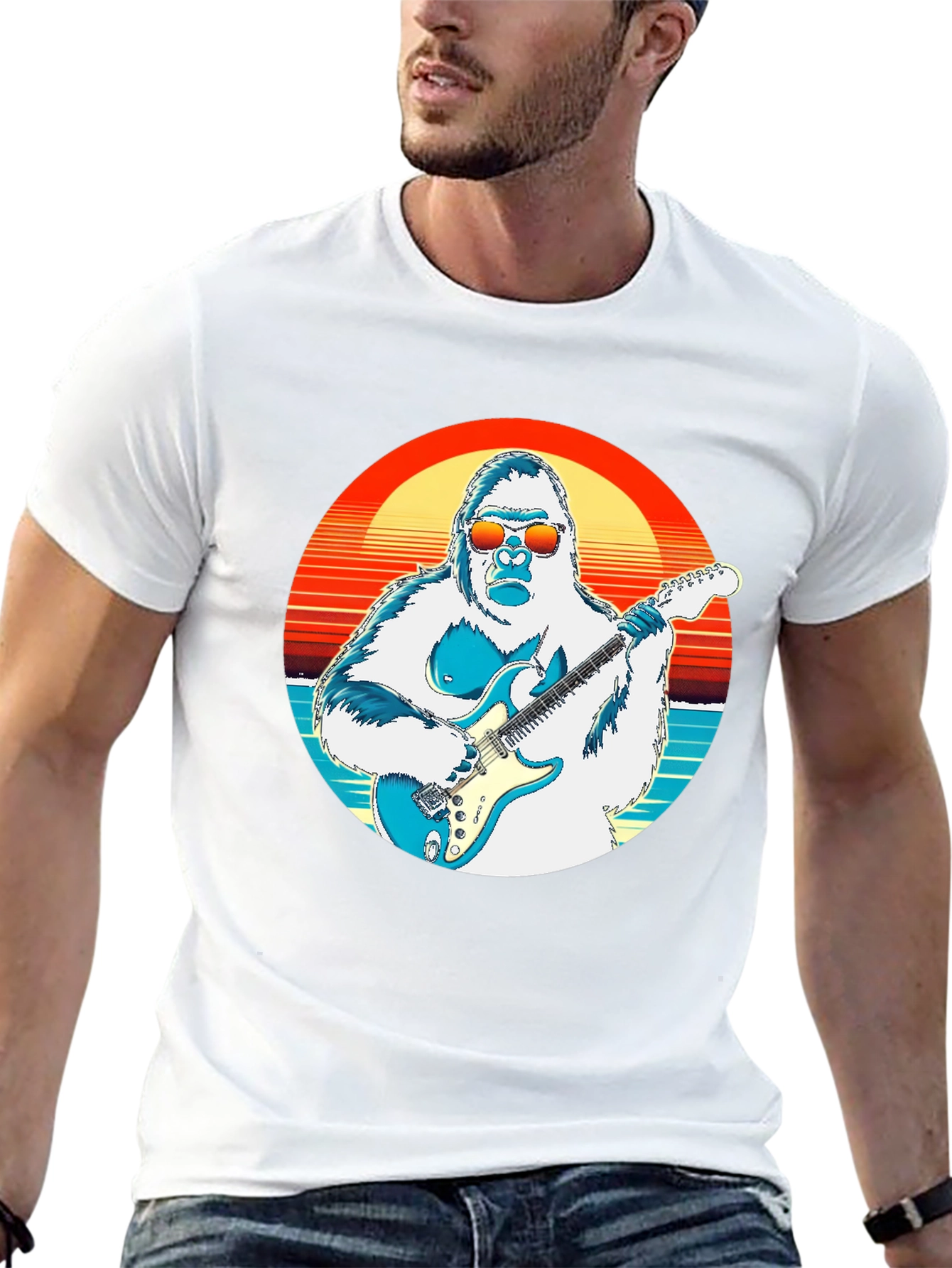 Cool Gorilla Guitarist Retro Sunset T-Shirt