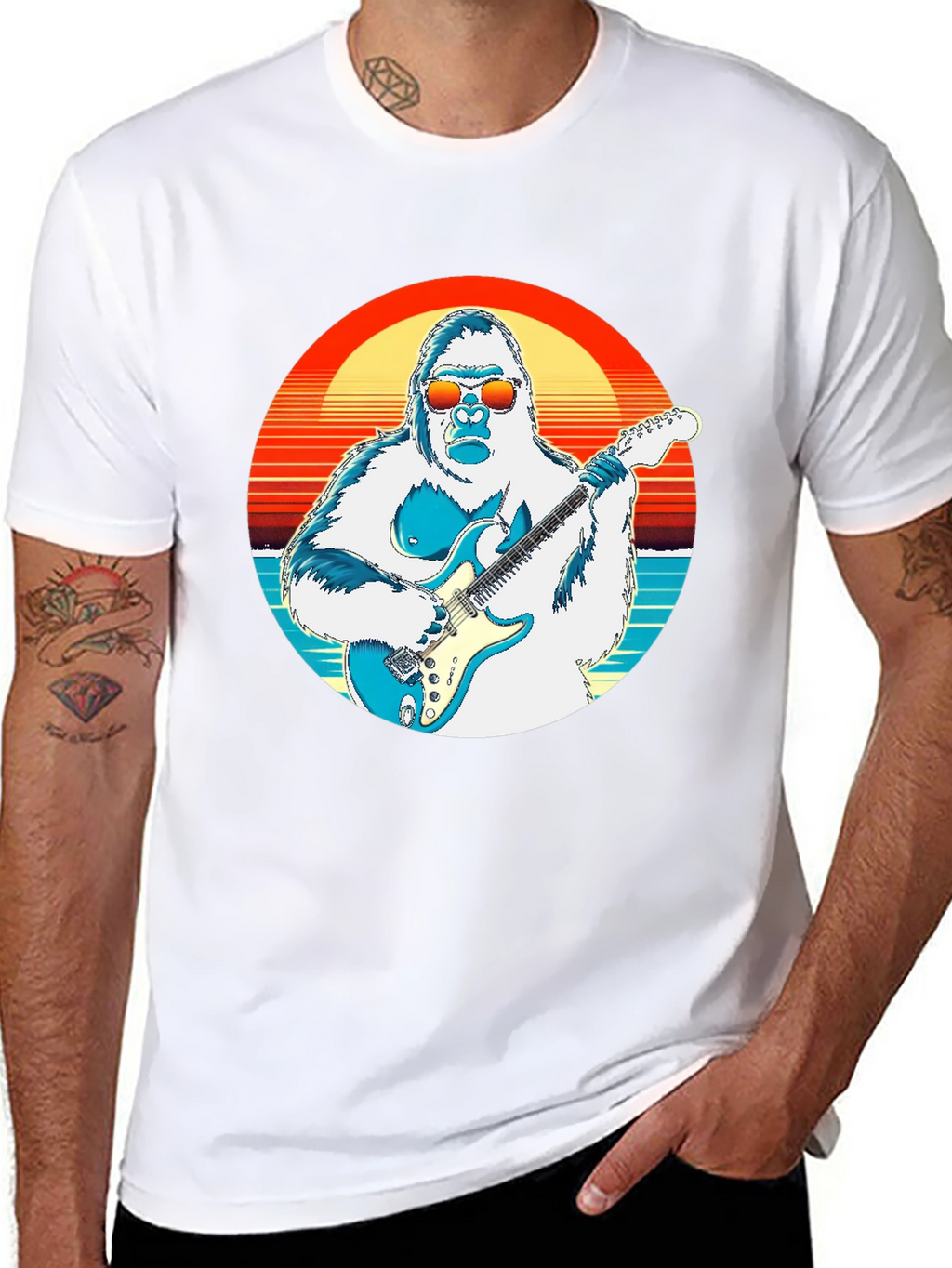 Cool Gorilla Guitarist Retro Sunset T-Shirt