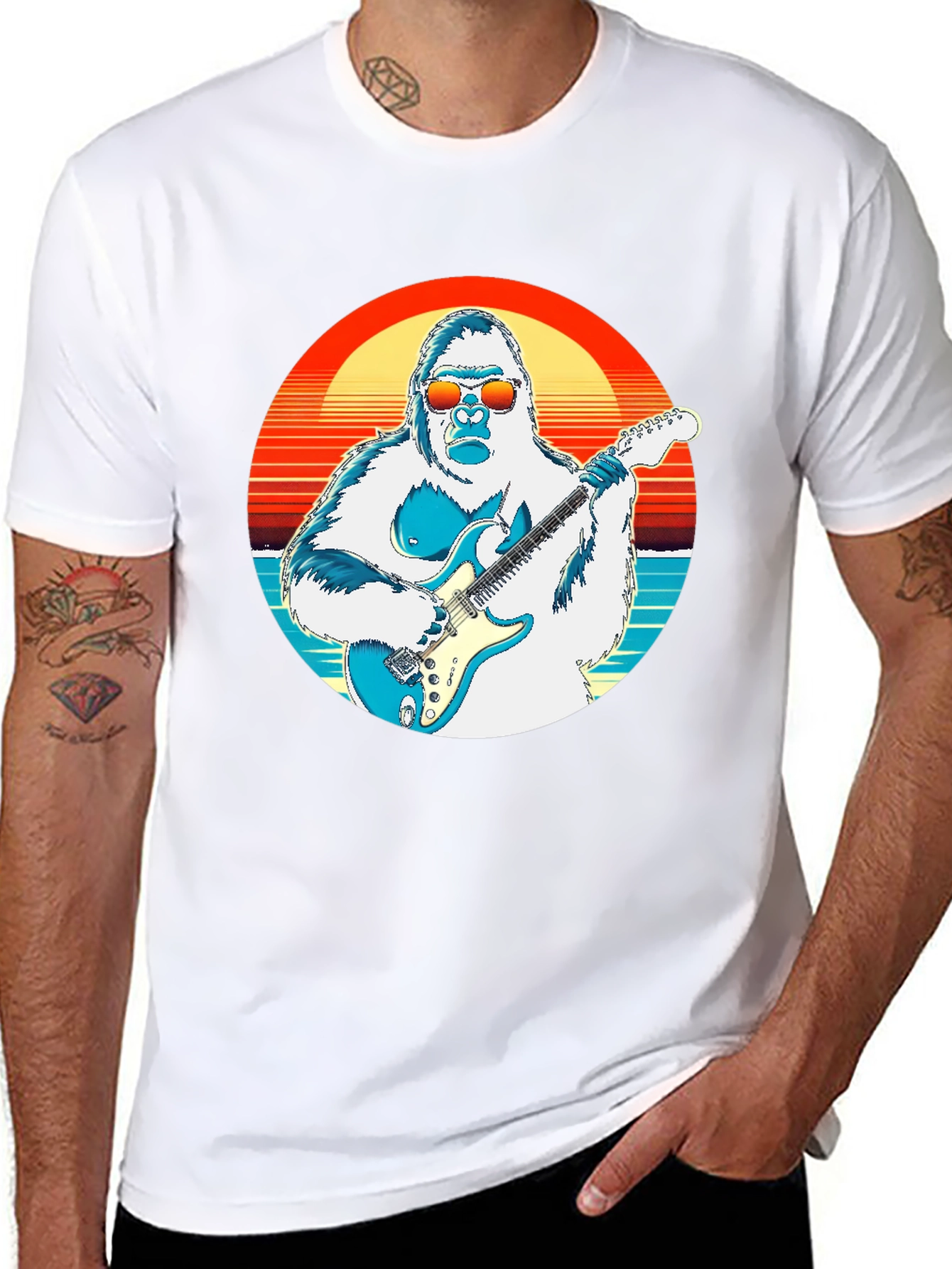 Cool Gorilla Guitarist Retro Sunset T-Shirt