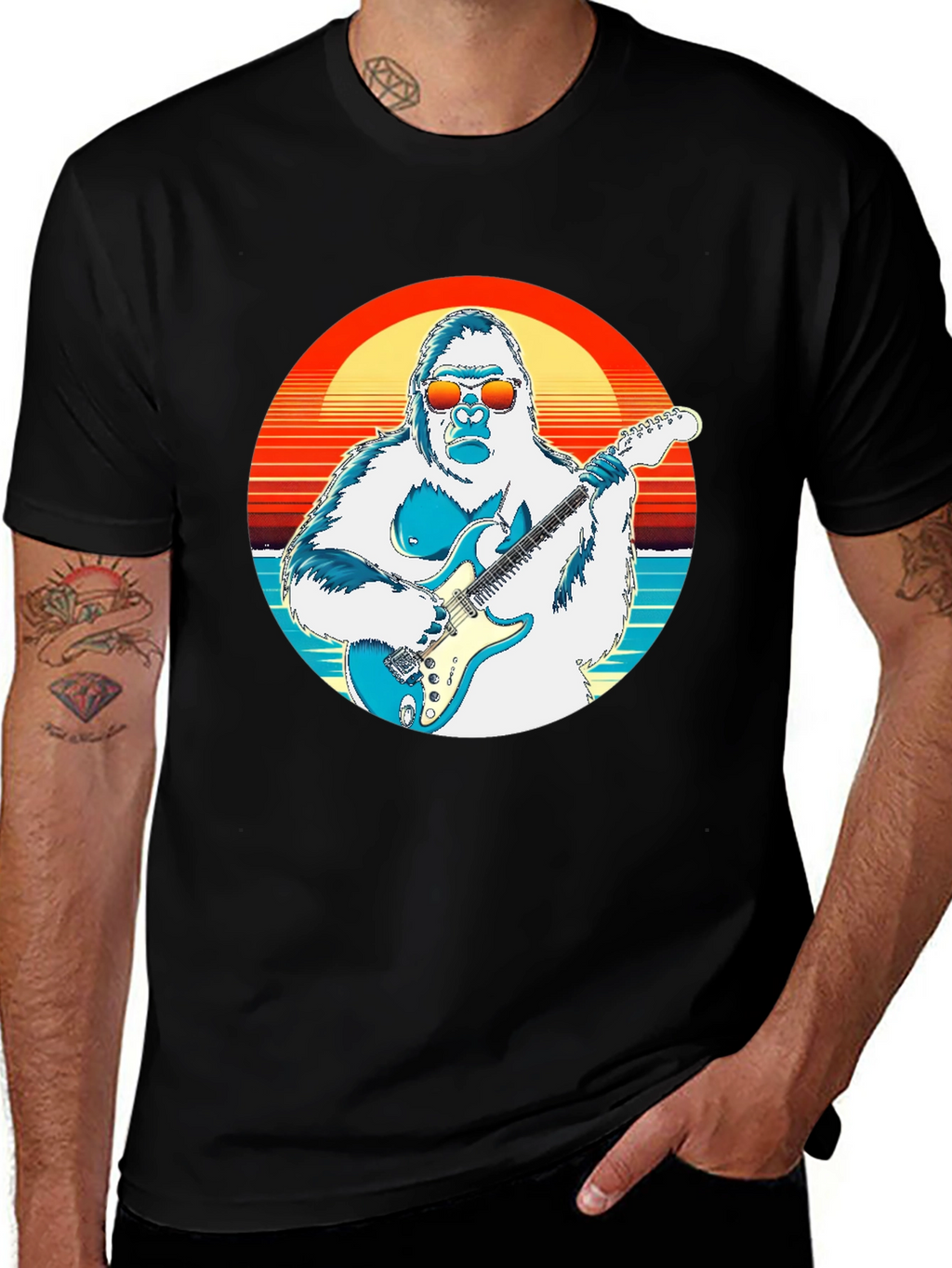 Cool Gorilla Guitarist Retro Sunset T-Shirt