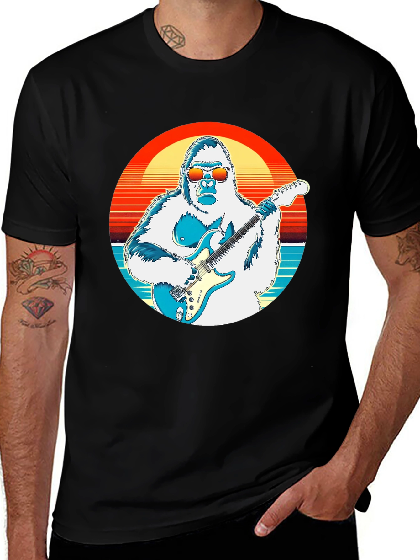 Cool Gorilla Guitarist Retro Sunset T-Shirt