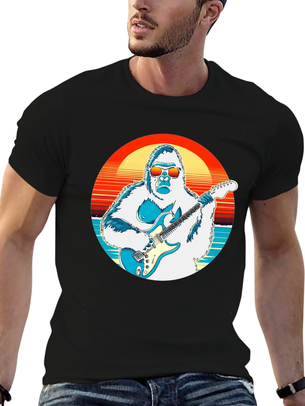 Cool Gorilla Guitarist Retro Sunset T-Shirt