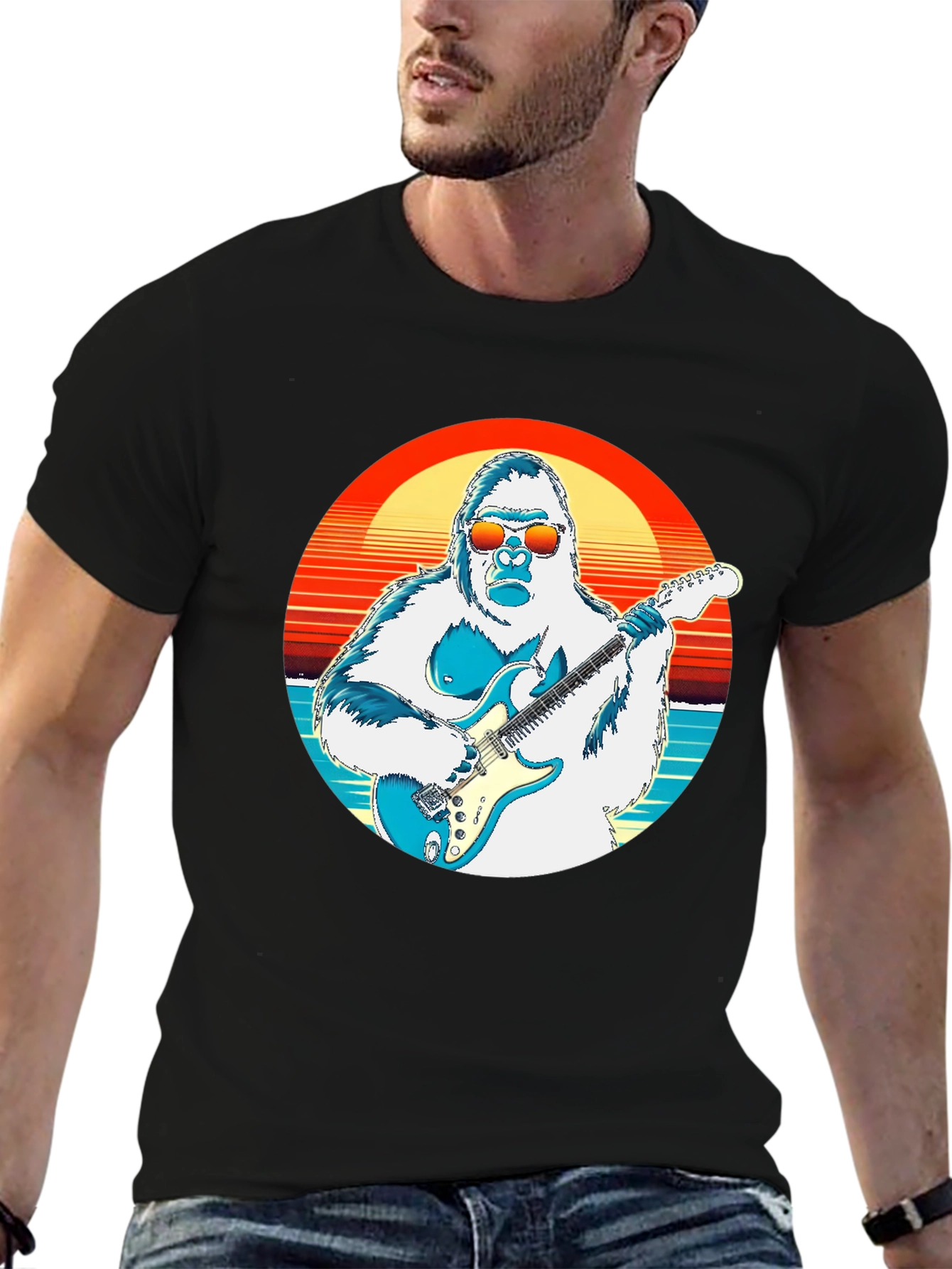 Cool Gorilla Guitarist Retro Sunset T-Shirt