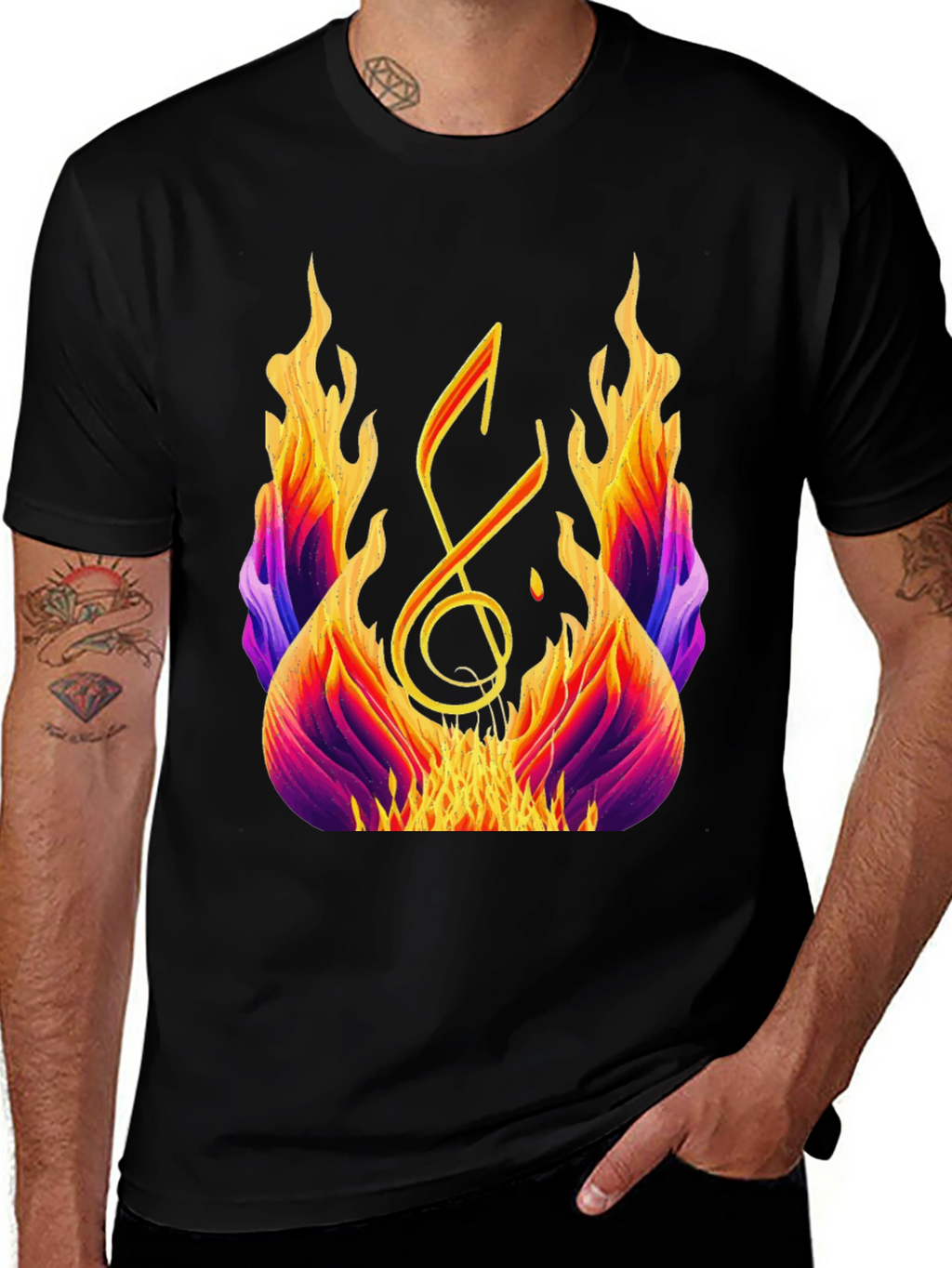 Fiery Music Note Graphic Tee - Black