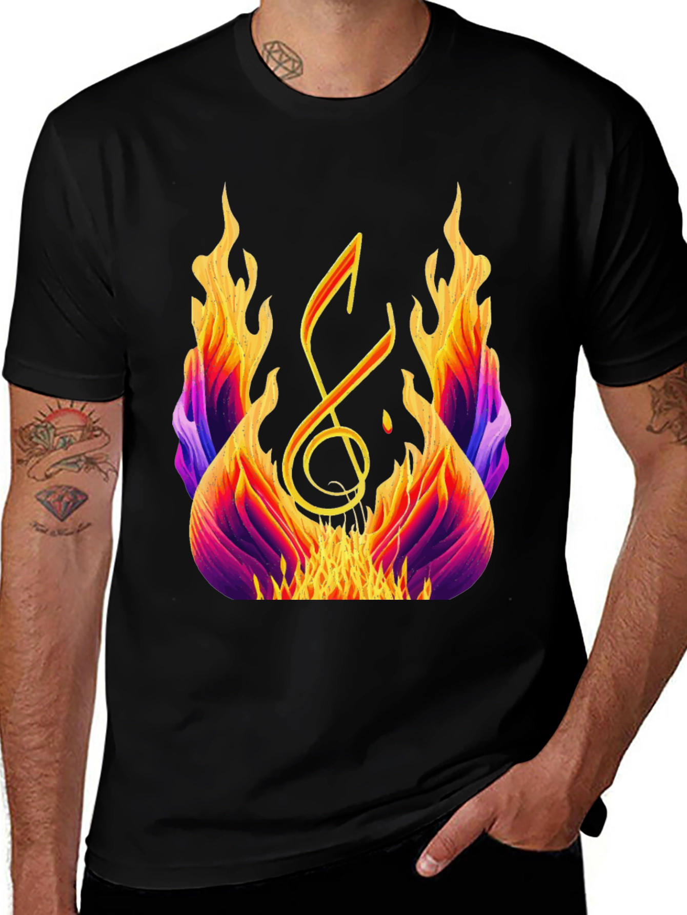 Fiery Music Note Graphic Tee - Black