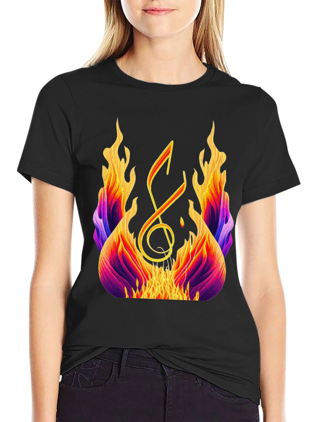 Fiery Music Note Graphic Tee - Black