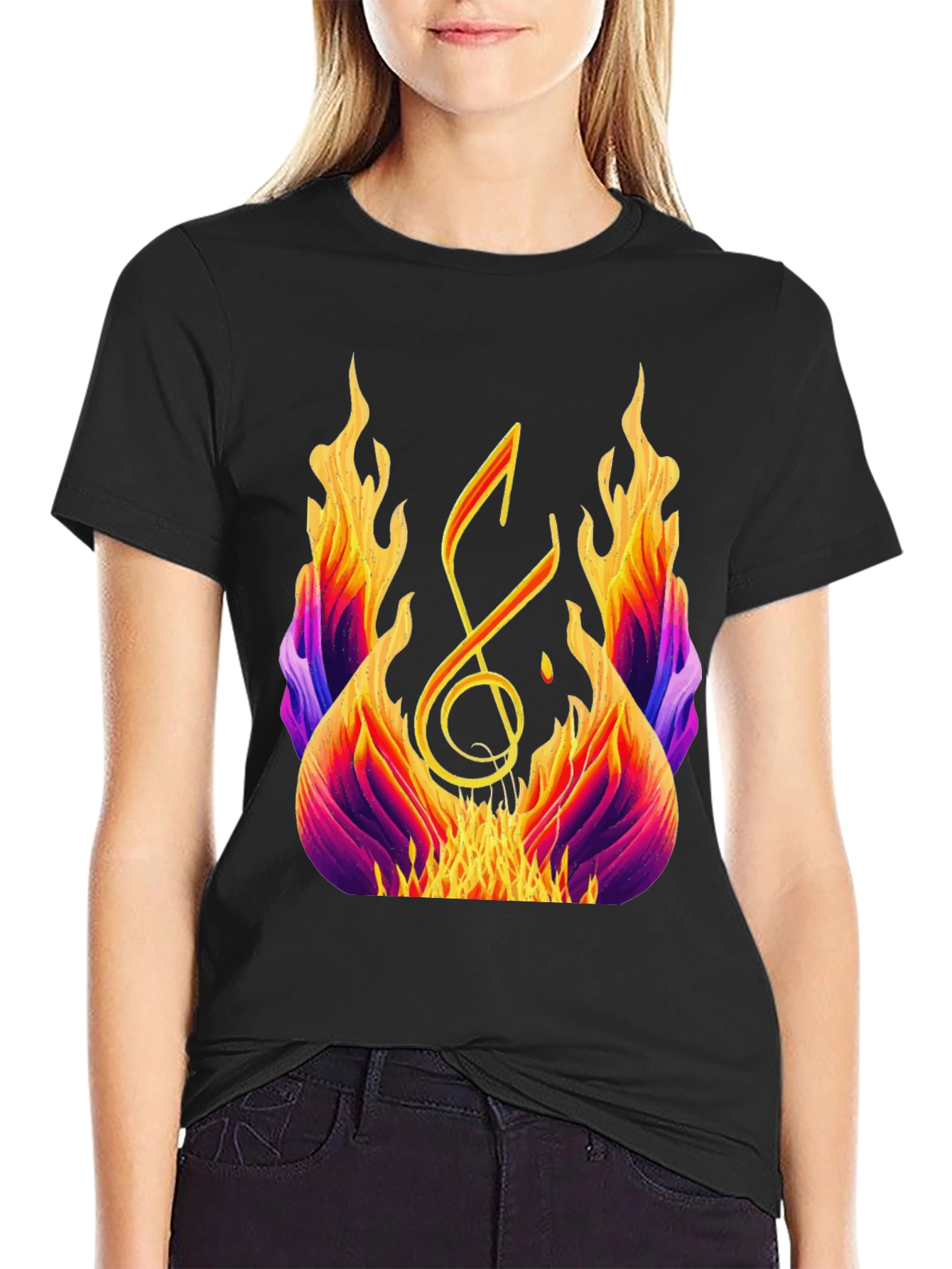 Fiery Music Note Graphic Tee - Black