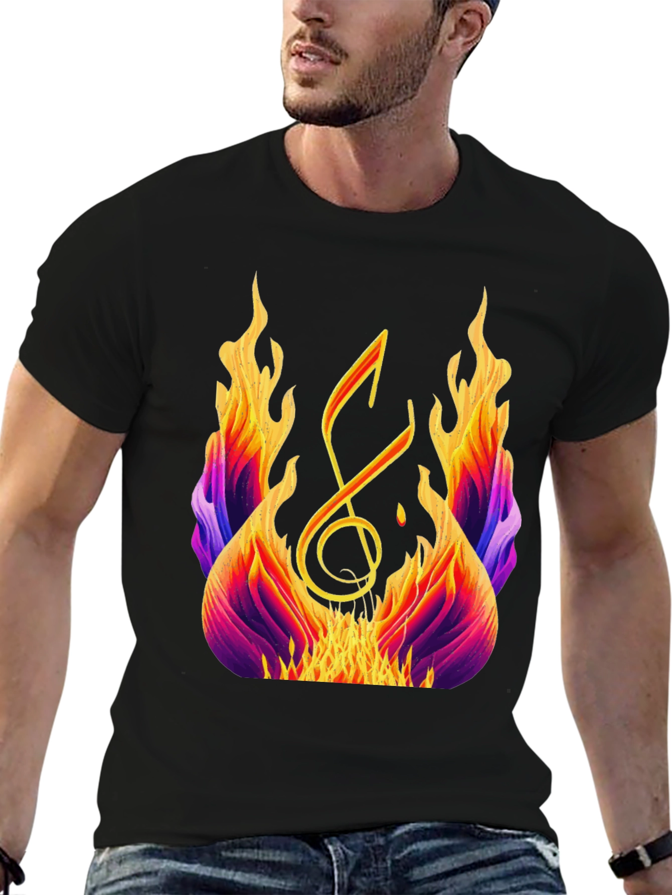 Fiery Music Note Graphic Tee - Black