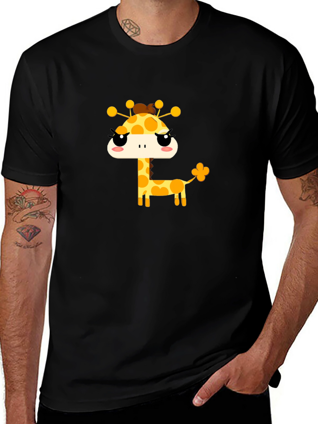 Cute Giraffe Graphic Tee - Black Cotton T-Shirt