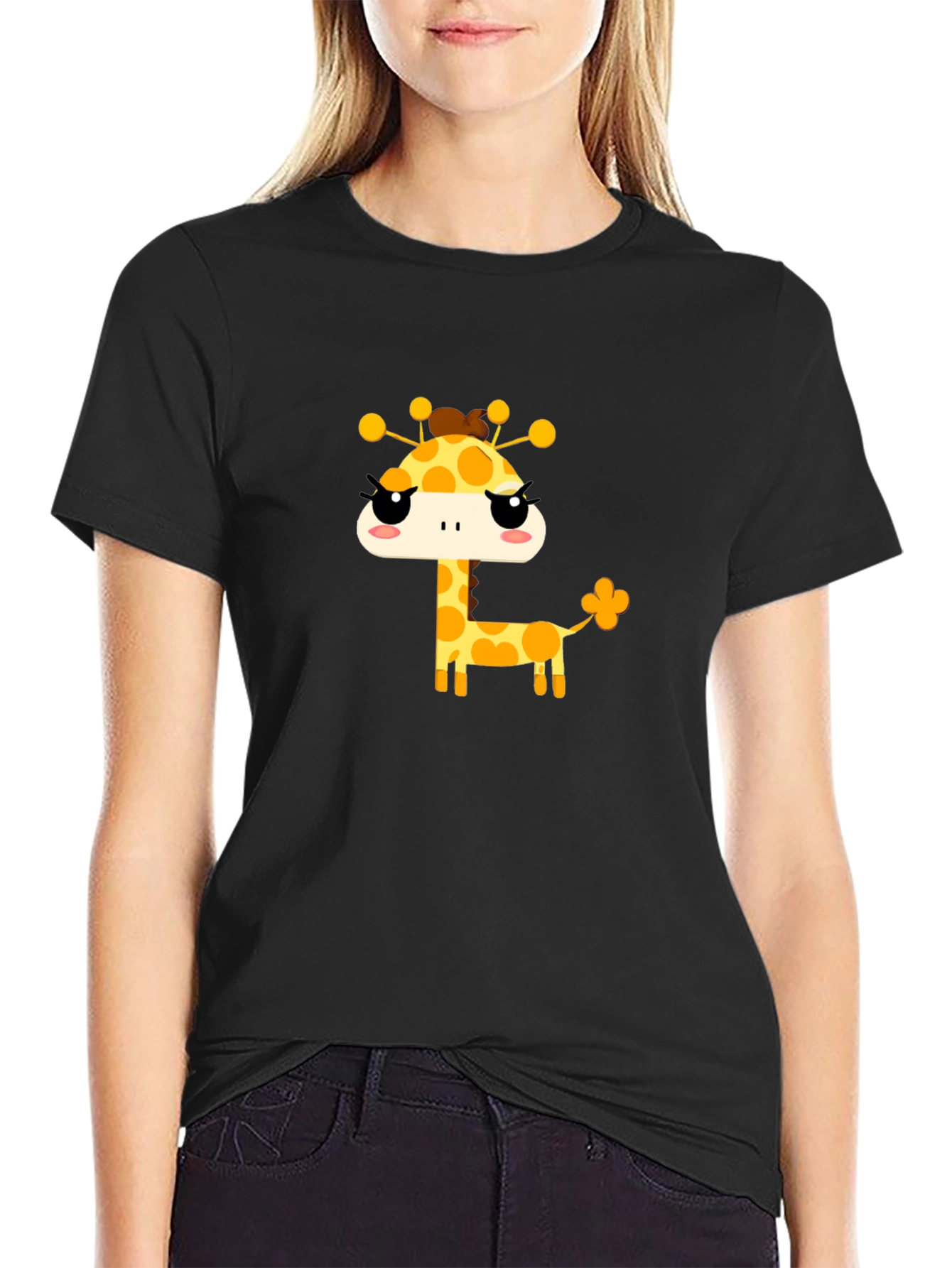 Cute Giraffe Graphic Tee - Black Cotton T-Shirt