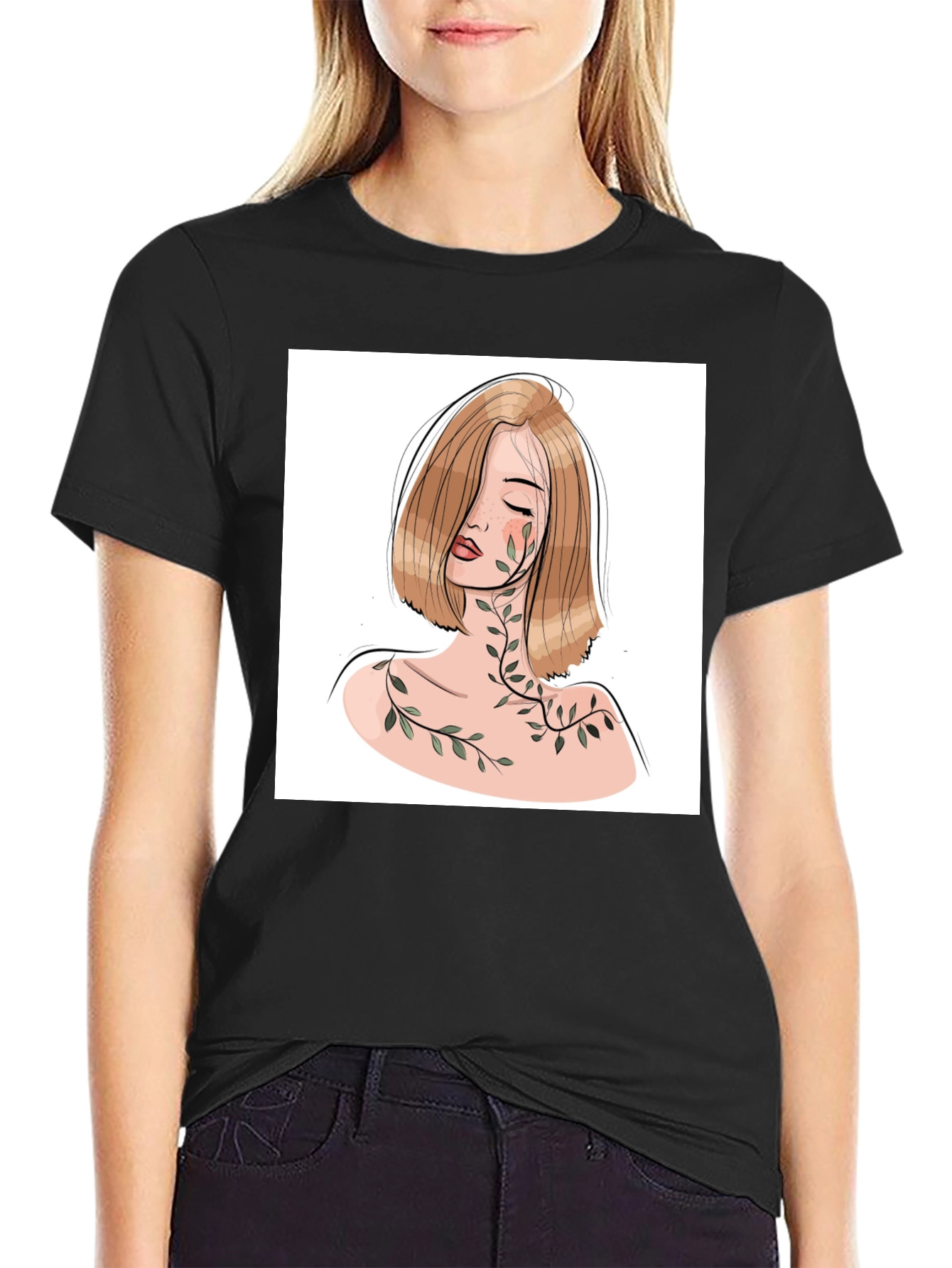 Woman & Vines Graphic Tee - Stylish Black T-Shirt