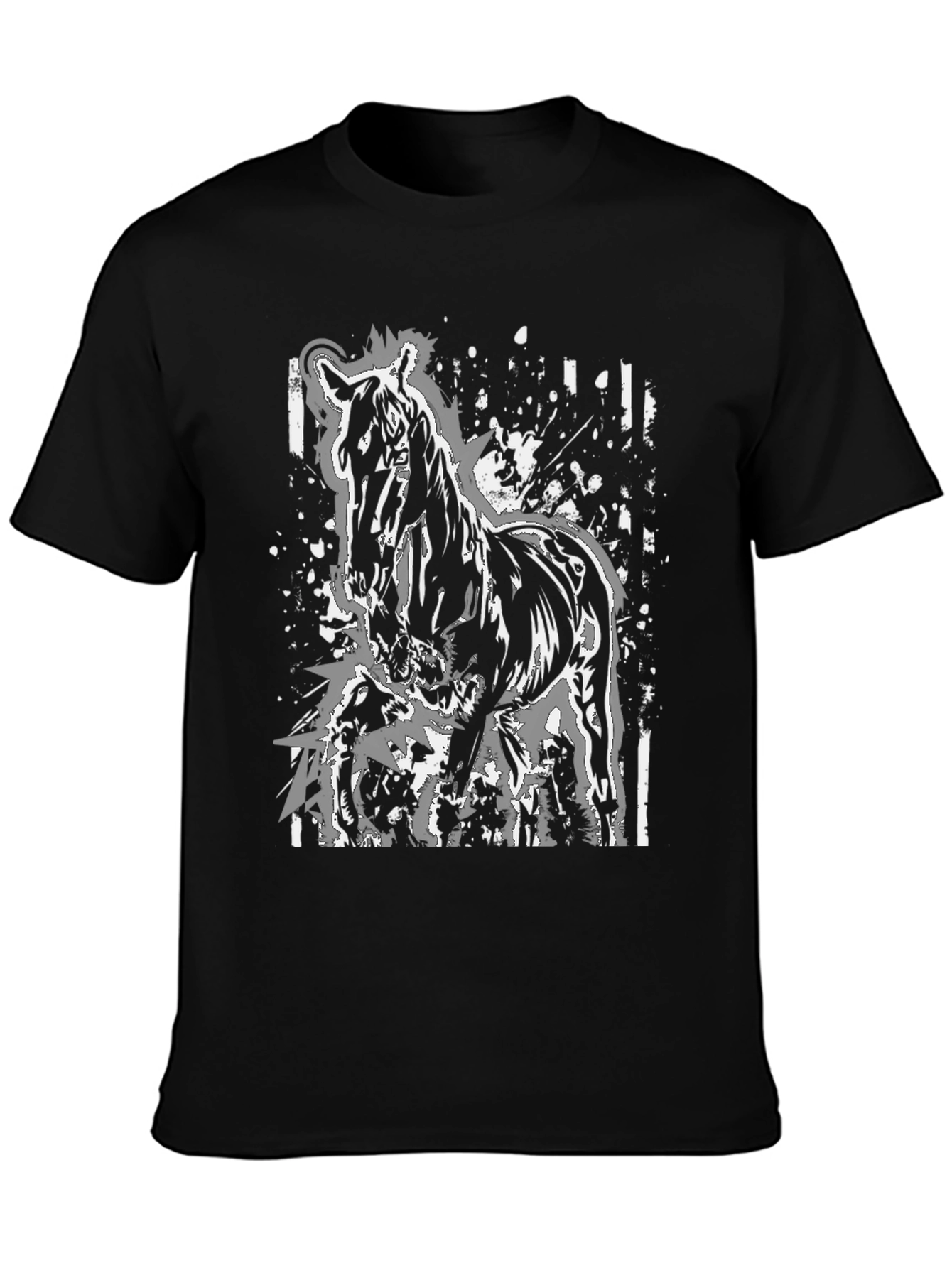 Horse Graphic Print Tee - Black Cotton Casual Shirt