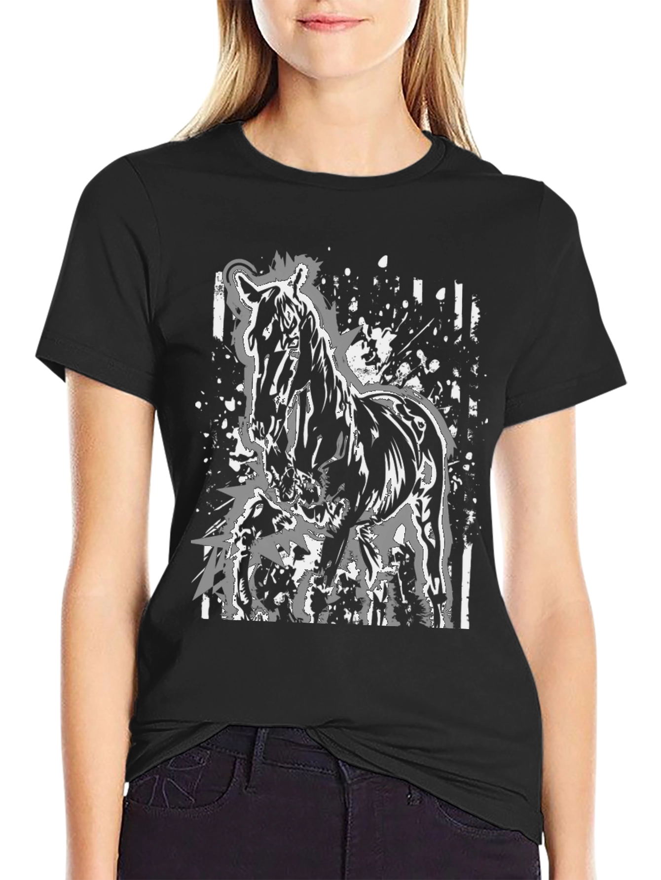 Horse Graphic Print Tee - Black Cotton Casual Shirt
