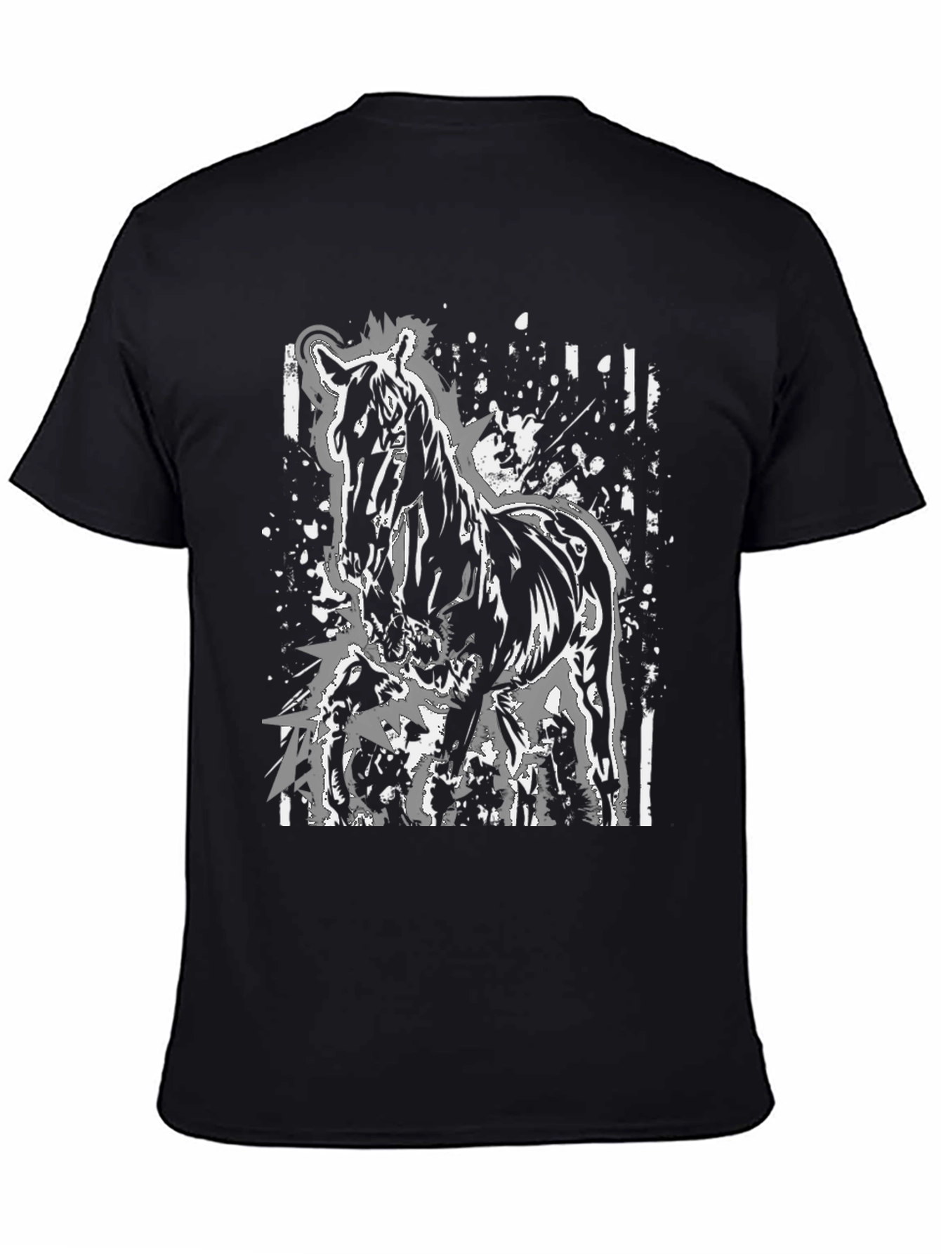Horse Graphic Print Tee - Black Cotton Casual Shirt