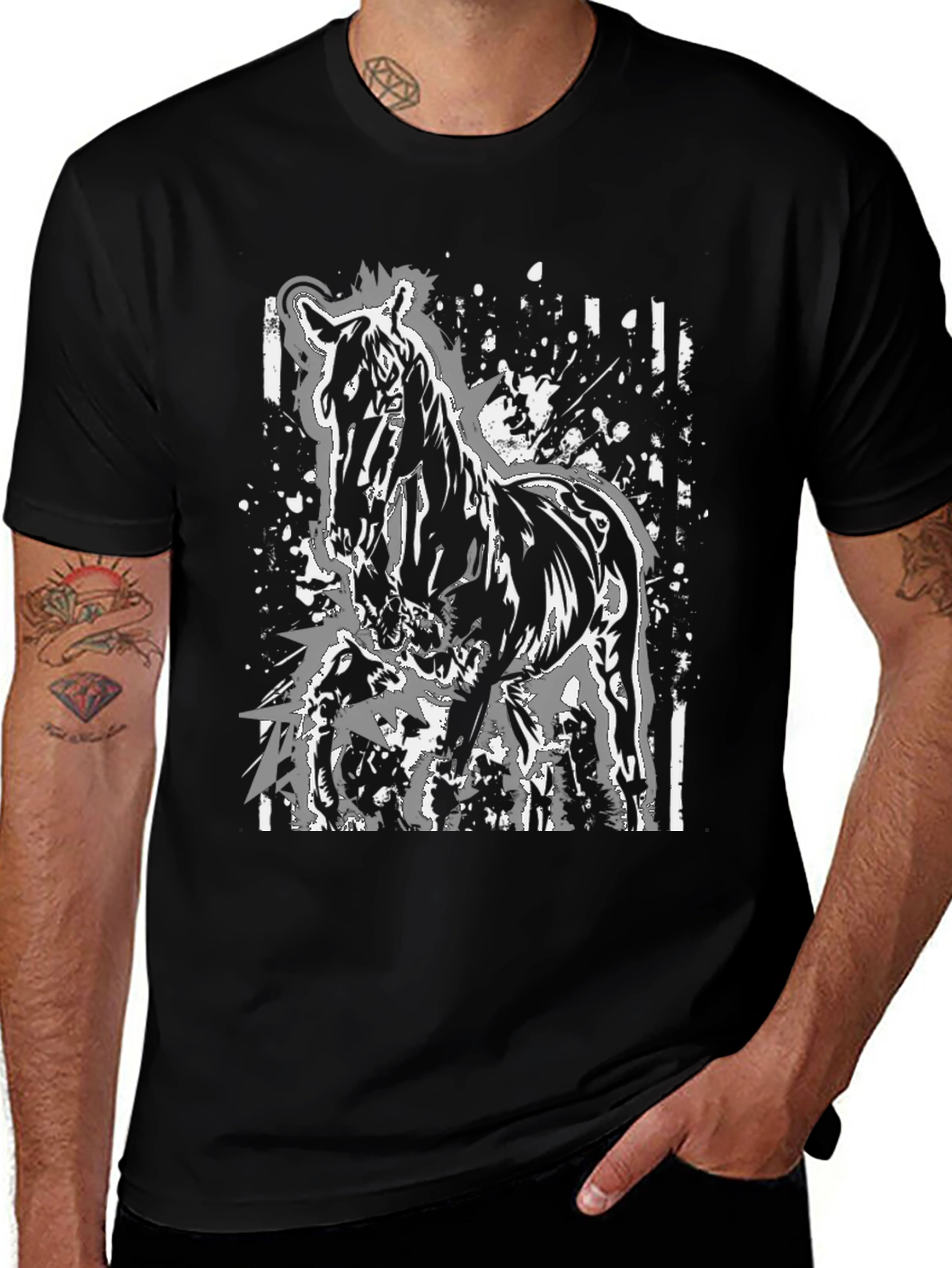 Horse Graphic Print Tee - Black Cotton Casual Shirt