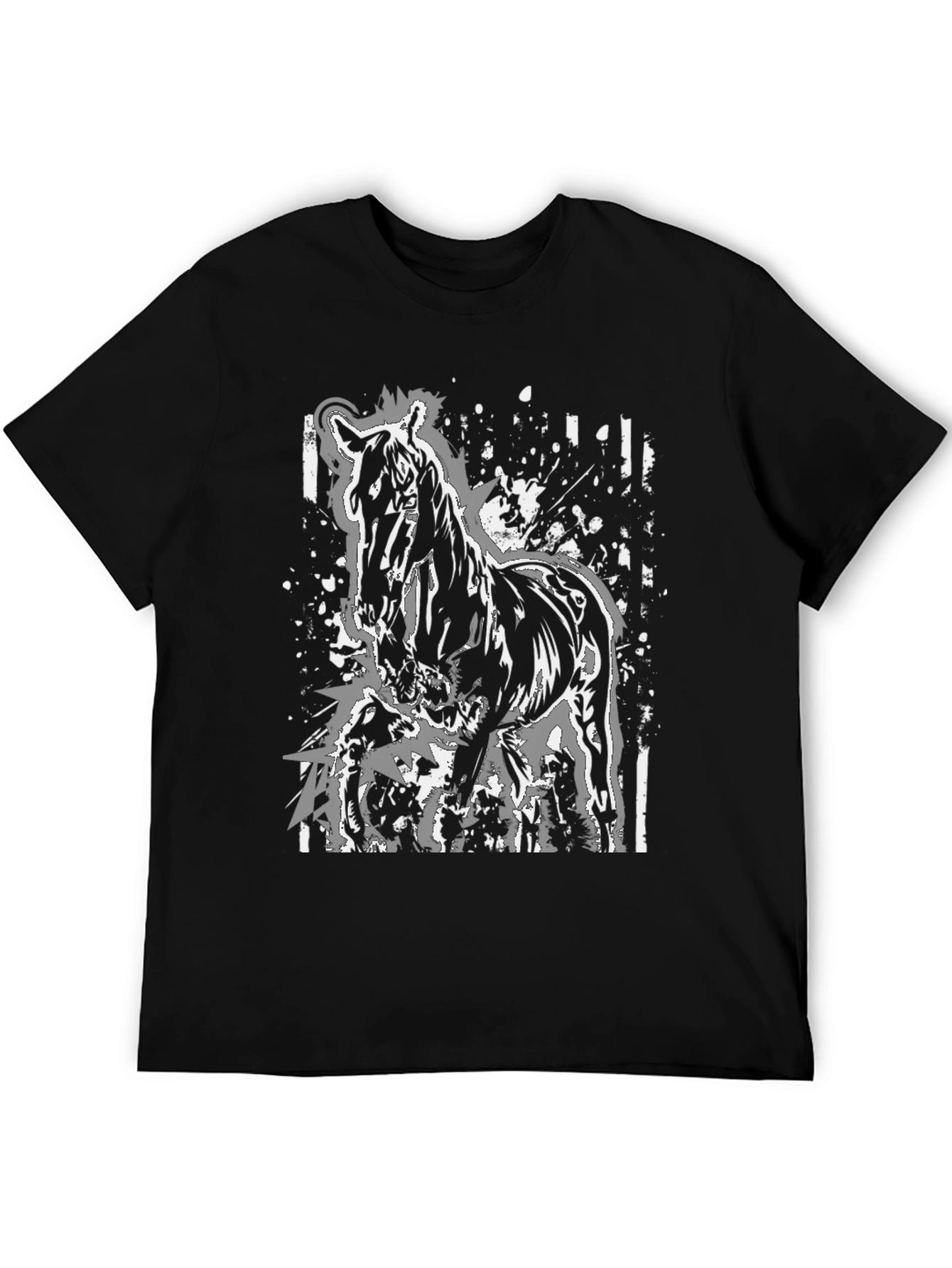 Horse Graphic Print Tee - Black Cotton Casual Shirt
