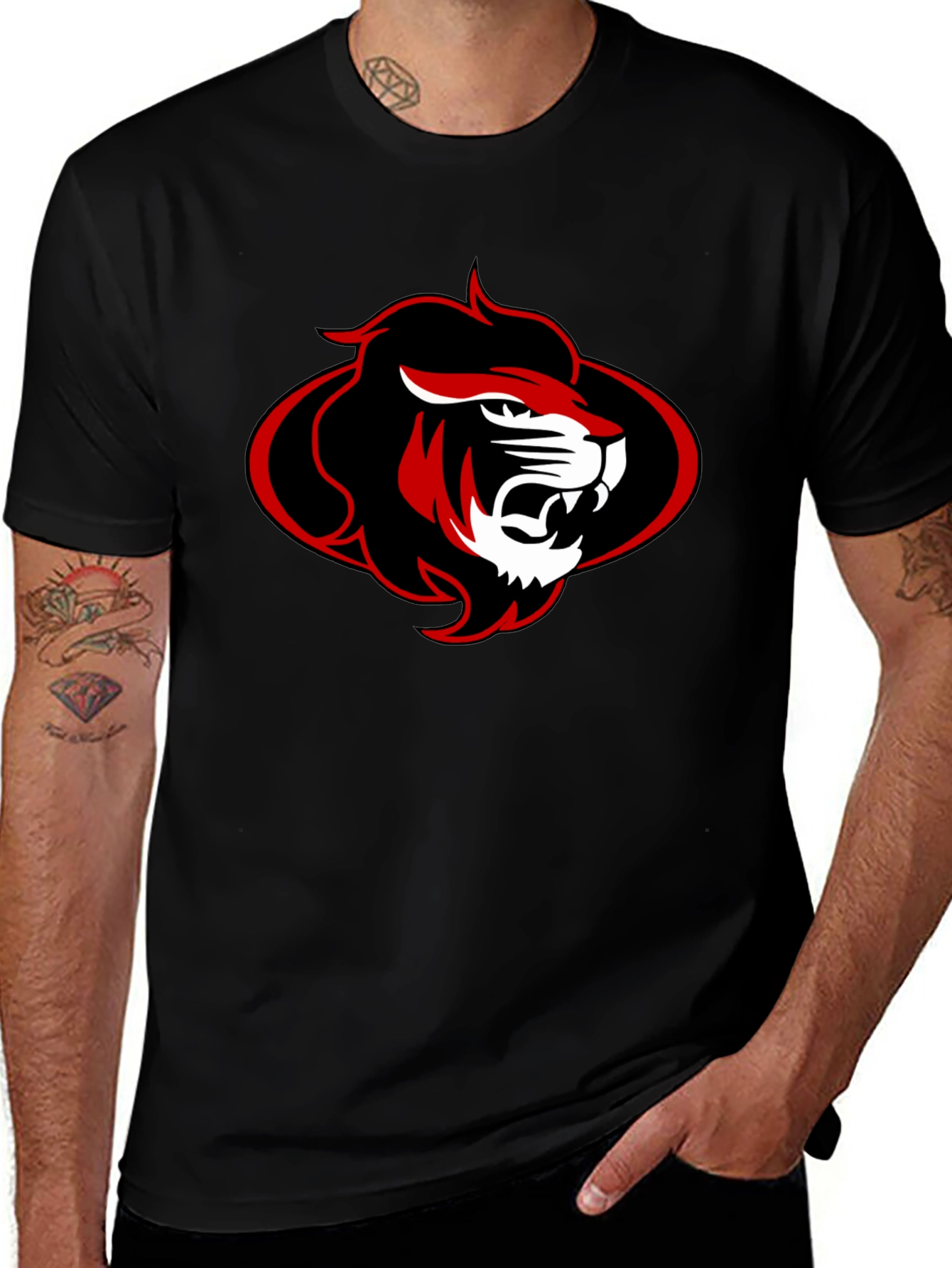 Black T-Shirt with Red and Black Lion Graphic