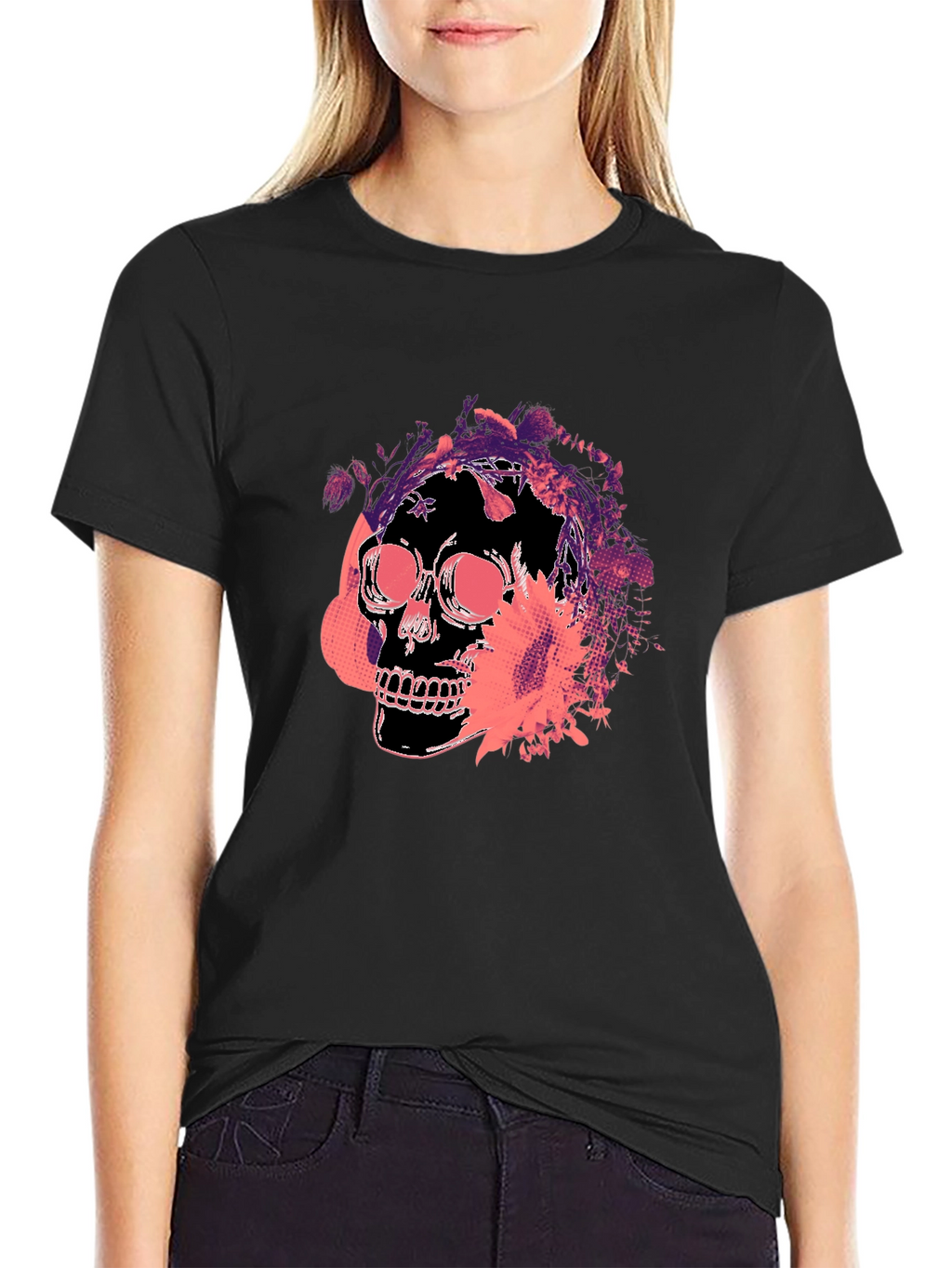 Skull Floral Graphic Tee - Mens Black T-Shirt
