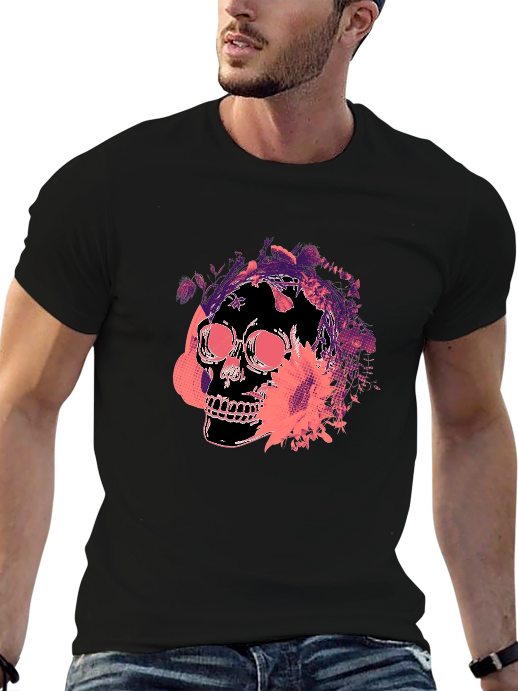Skull Floral Graphic Tee - Mens Black T-Shirt