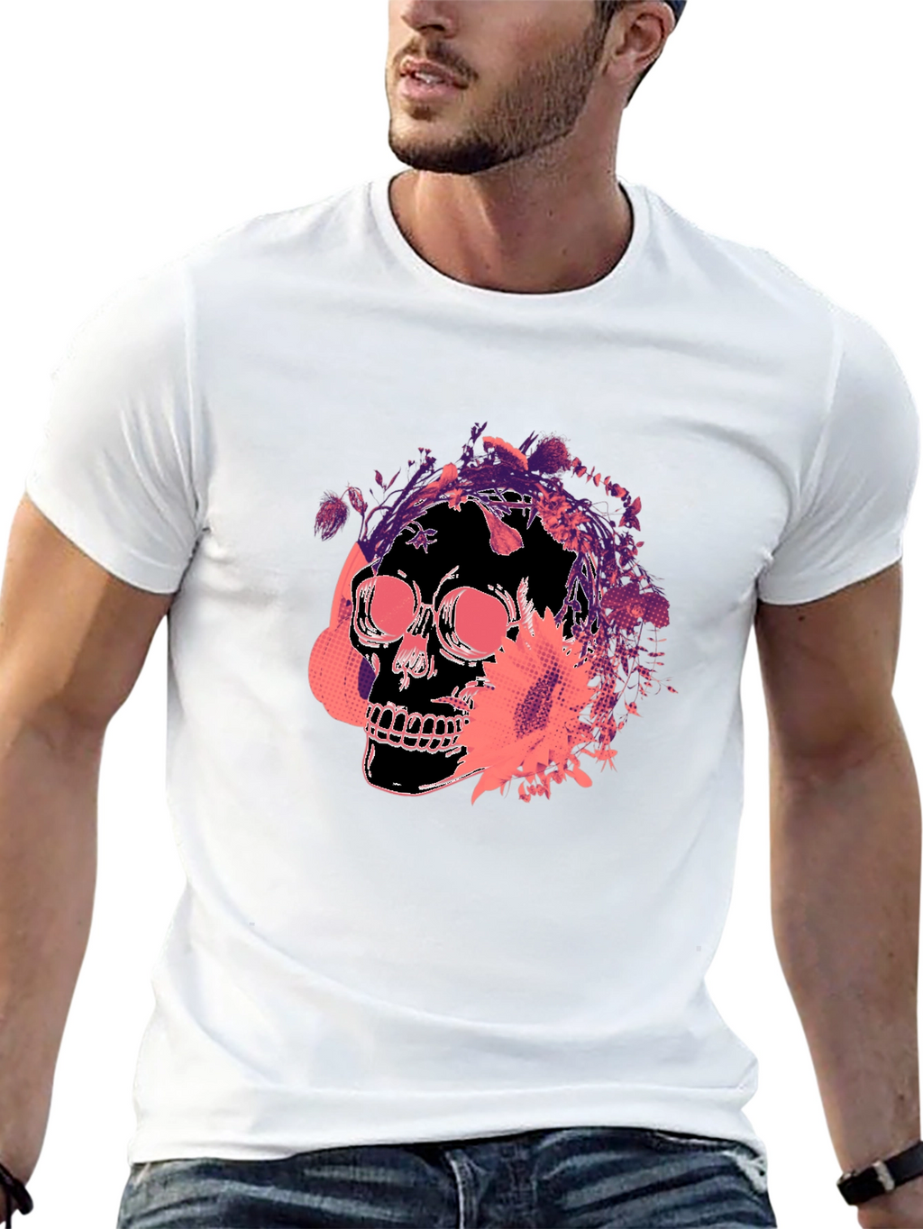 Skull Floral Graphic Tee - Mens Black T-Shirt