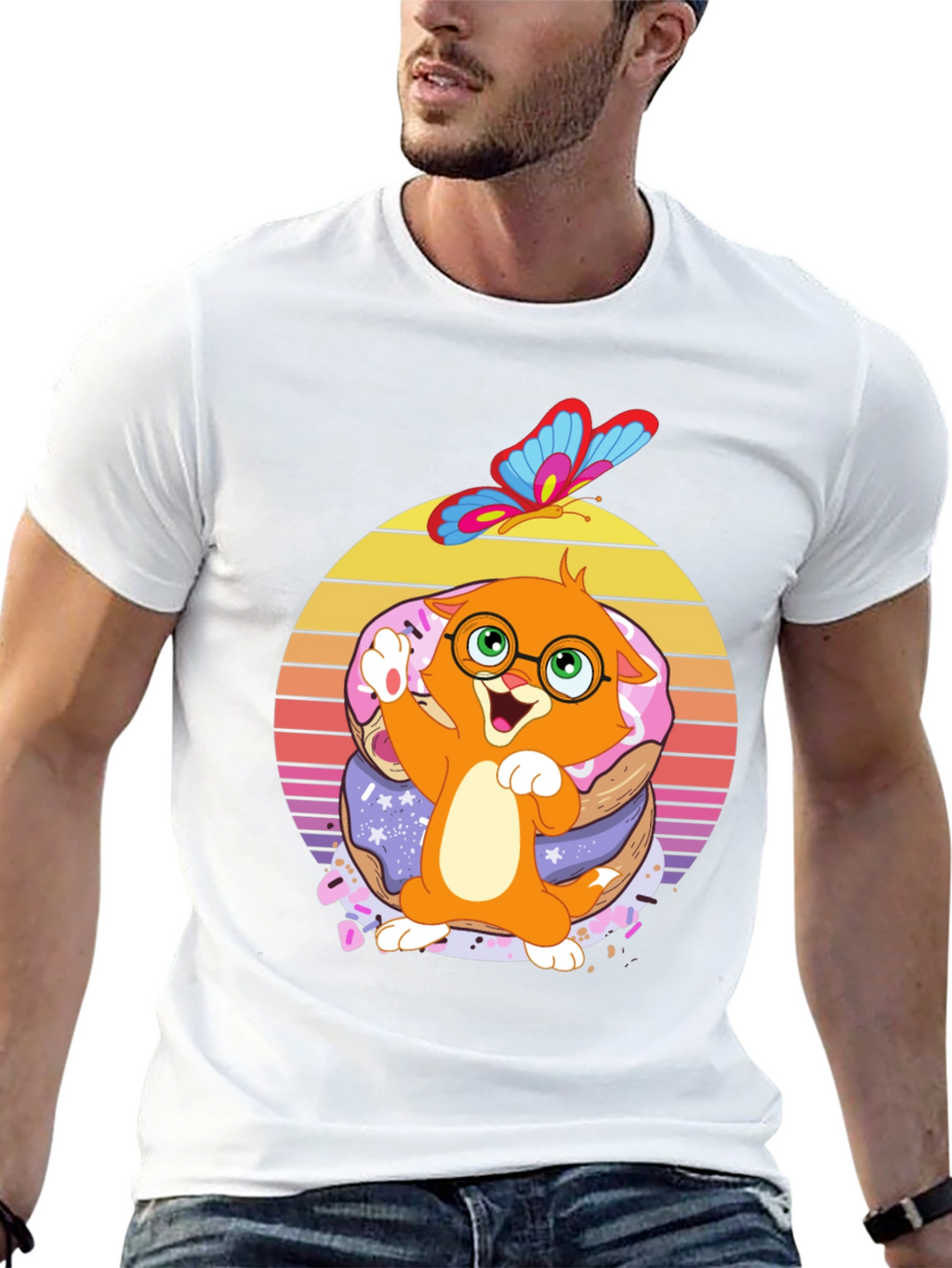 Cute Cartoon Cat on Donuts T-Shirt