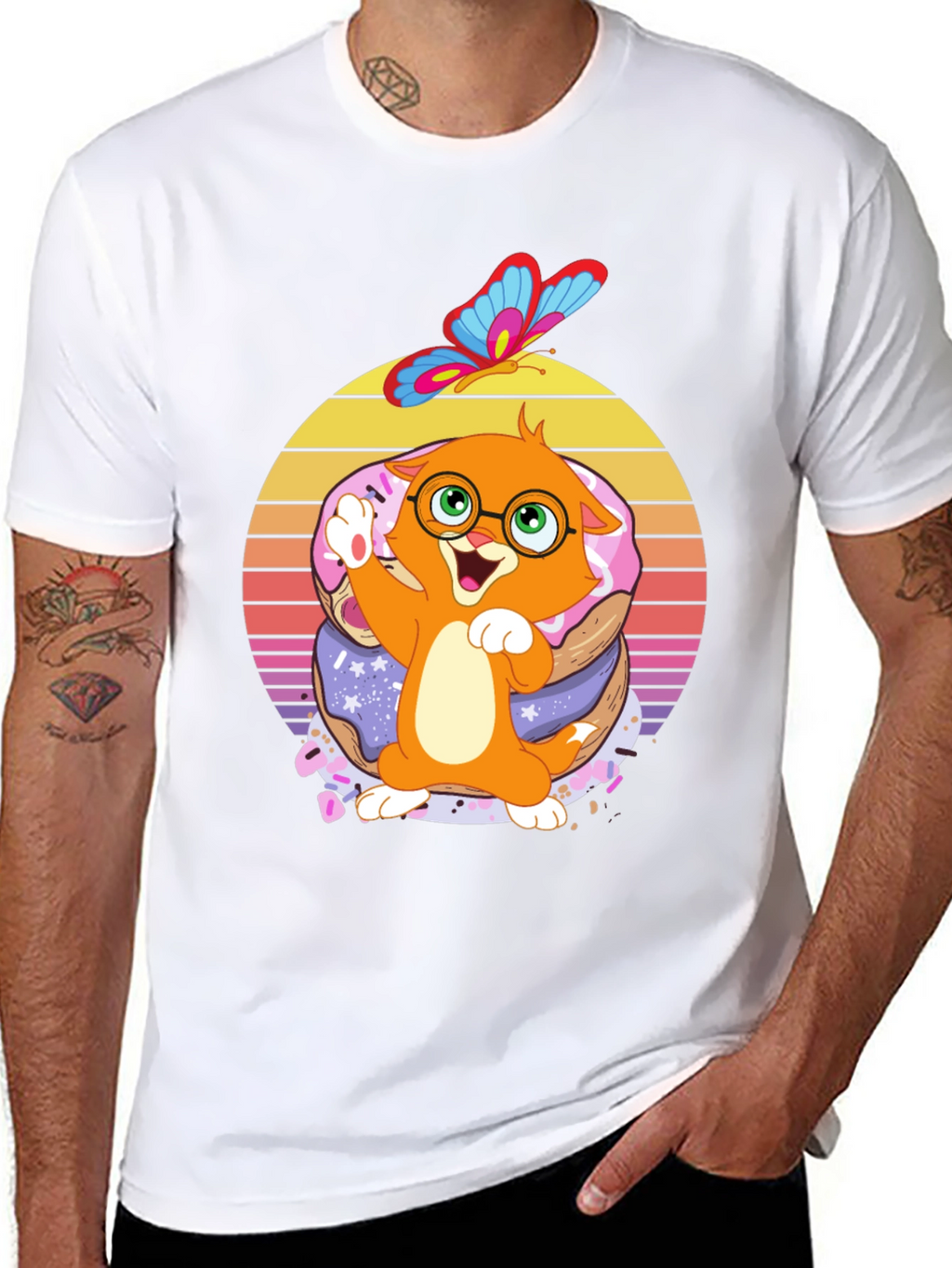 Cute Cartoon Cat on Donuts T-Shirt