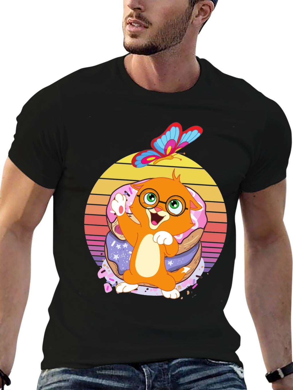 Cute Cartoon Cat on Donuts T-Shirt