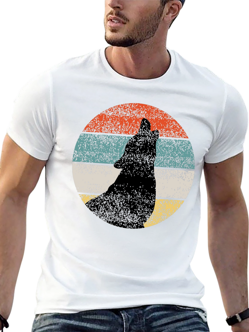Retro Wolf Howling T-Shirt - Black