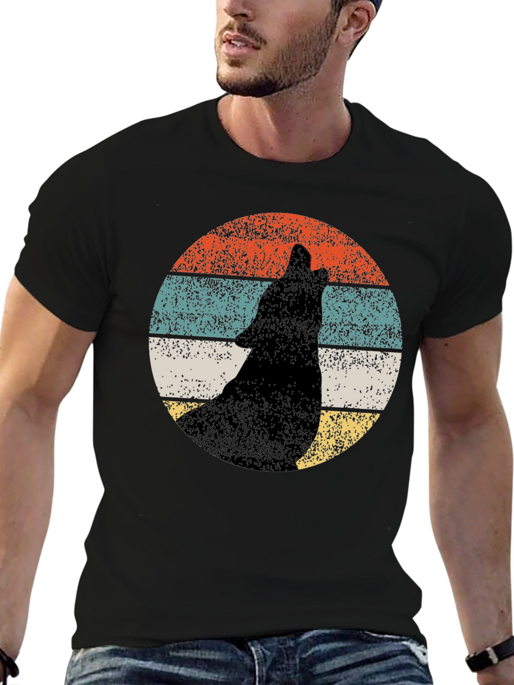 Retro Wolf Howling T-Shirt - Black