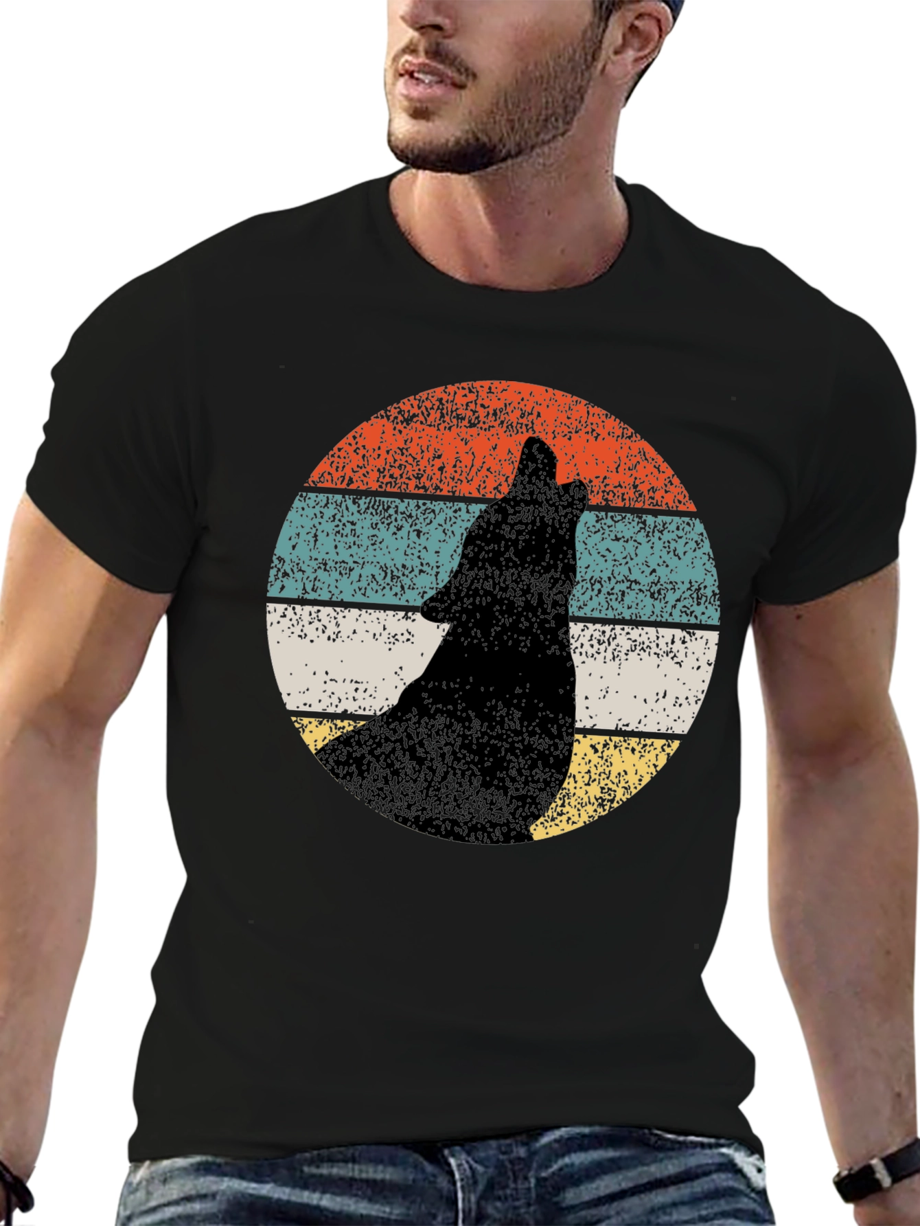 Retro Wolf Howling T-Shirt - Black