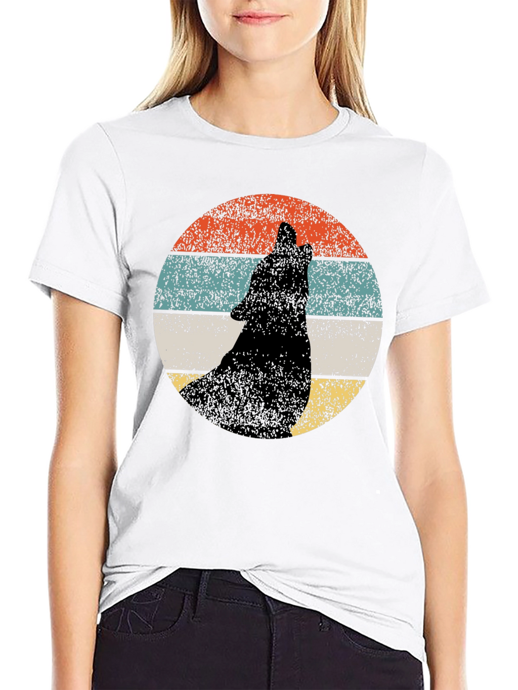 Retro Wolf Howling T-Shirt - Black