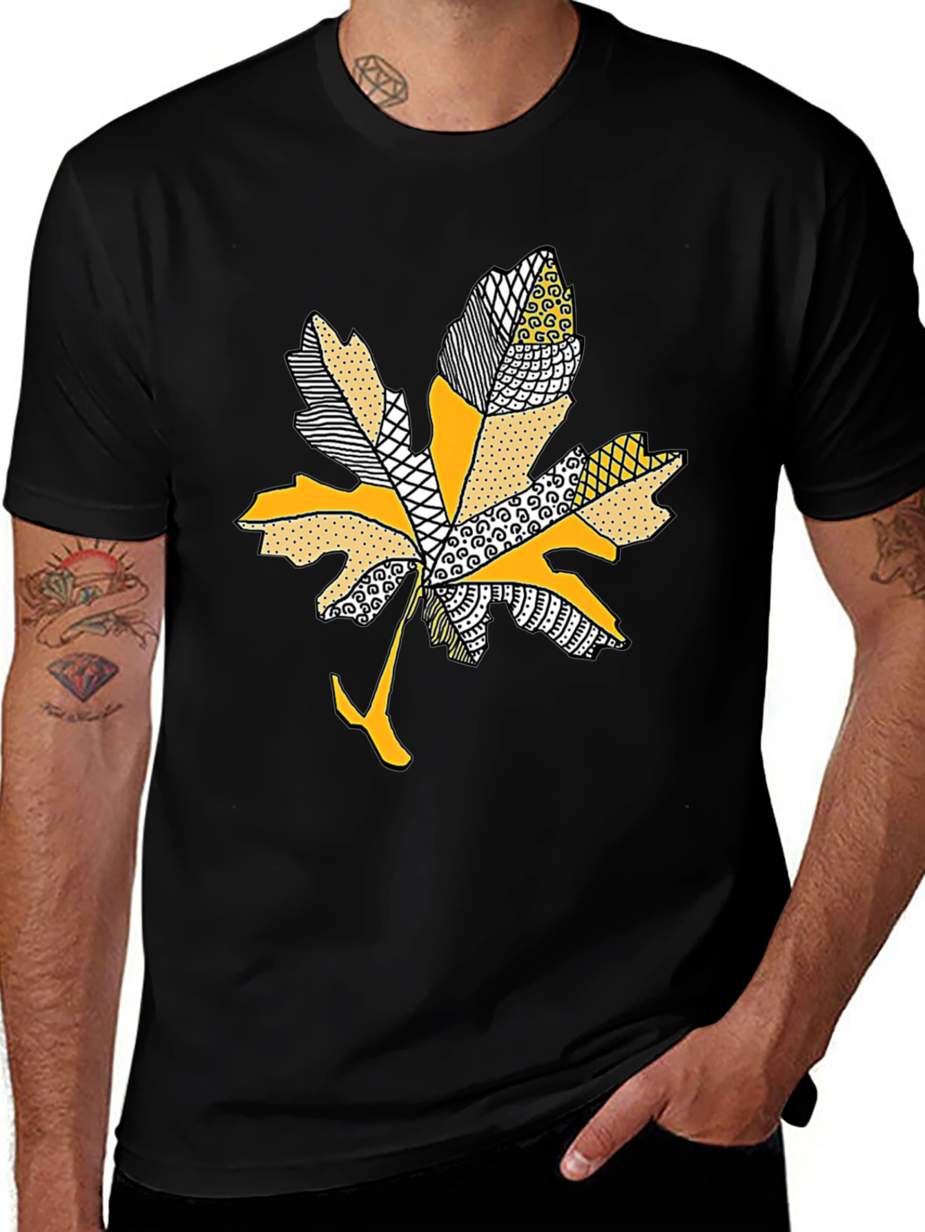 Leaf Design Tee - Stylish Mens Black T-Shirt