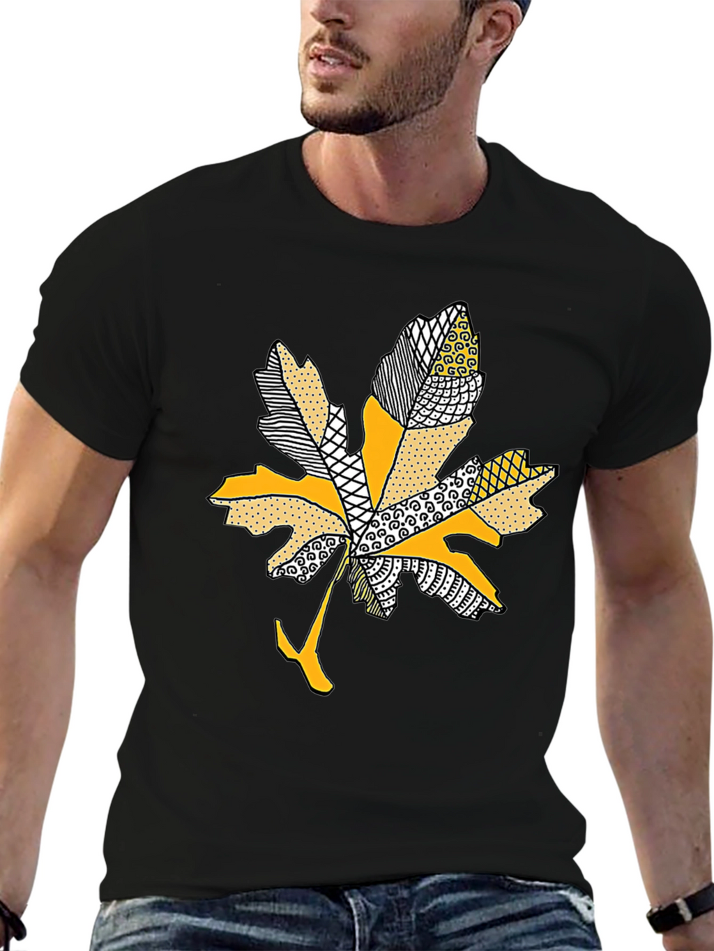Leaf Design Tee - Stylish Mens Black T-Shirt